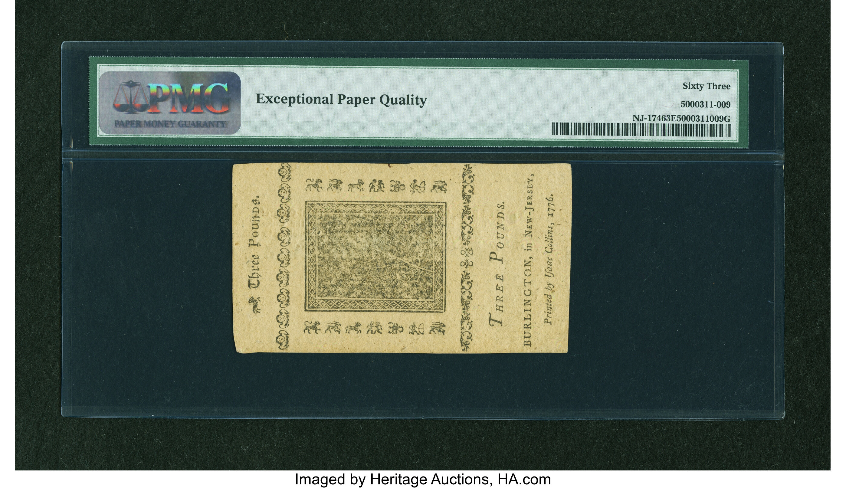 image for: New Jersey February 20, 1776 £3 John Hart PMG Choice Uncirculated 63 EPQ....