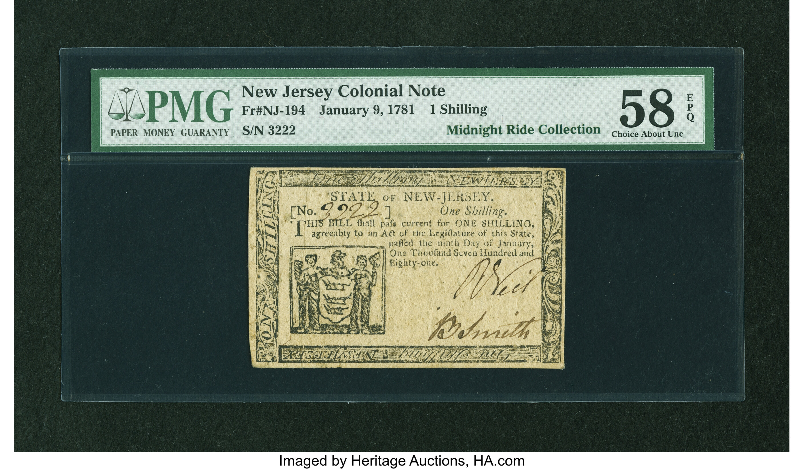 image for: New Jersey January 9, 1781 1s PMG Choice About Unc 58 EPQ....