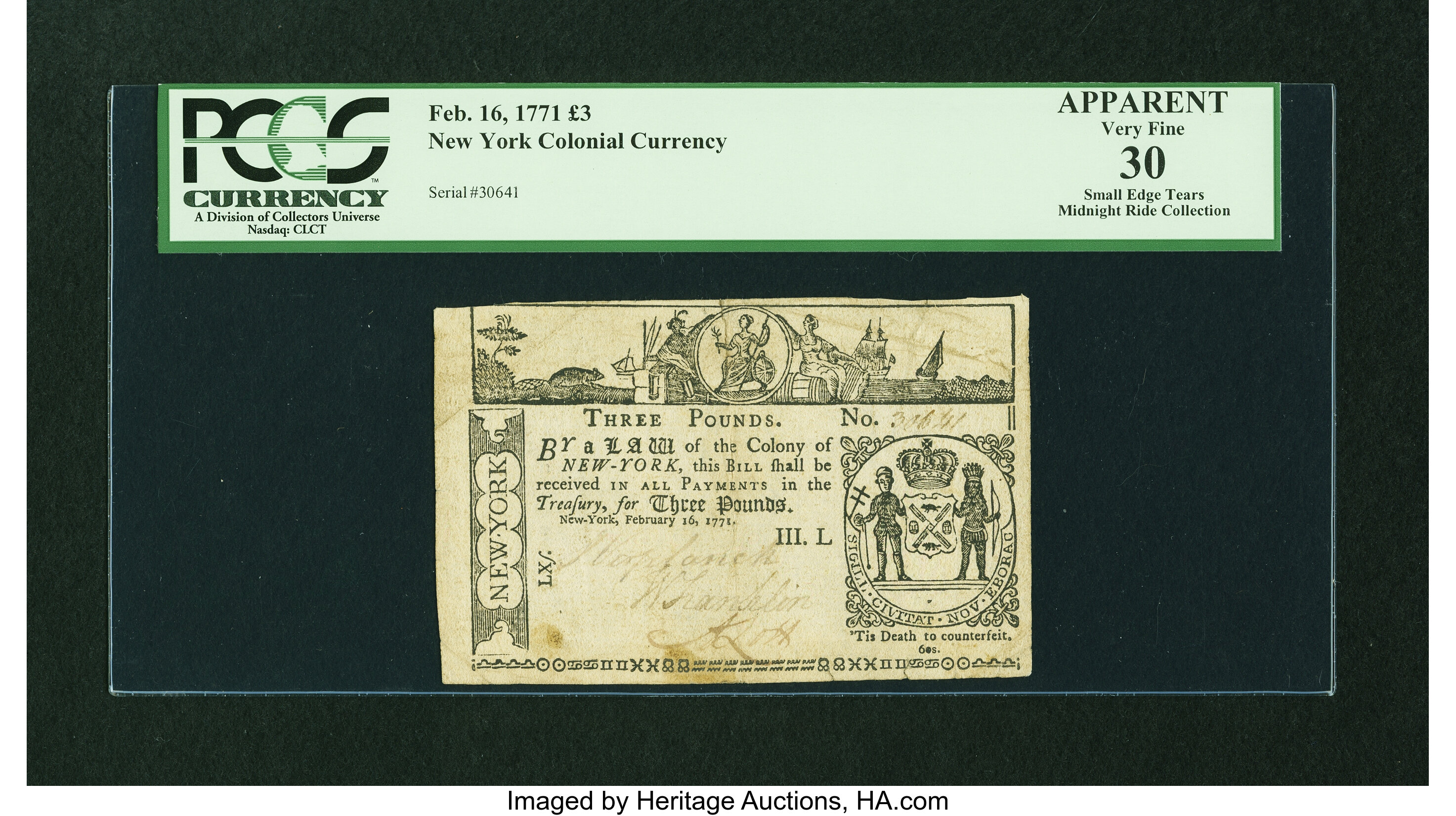 image for: New York February 16, 1771 £3 PCGS Apparent Very Fine 30....