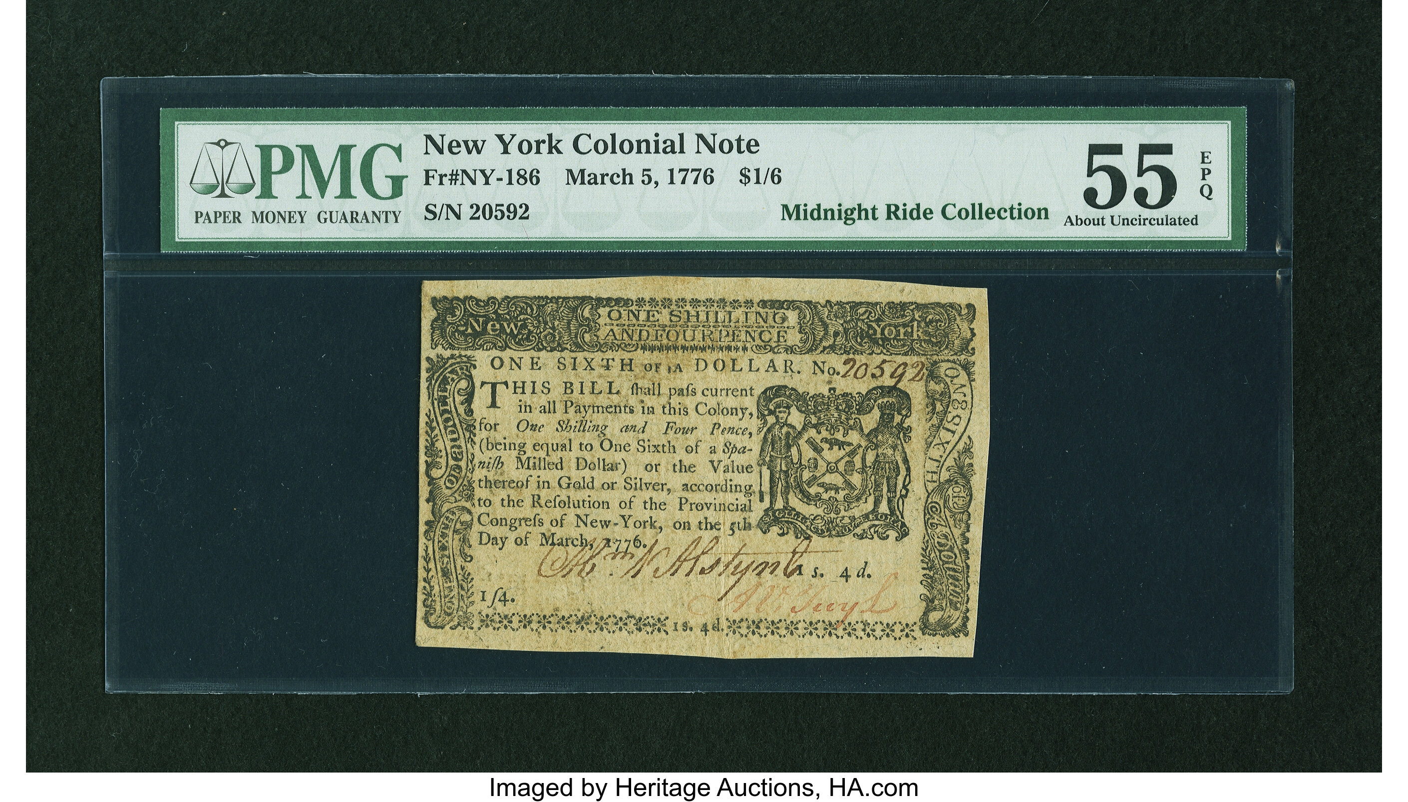 image for: New York March 5, 1776 $1/6 PMG About Uncirculated 55 EPQ....