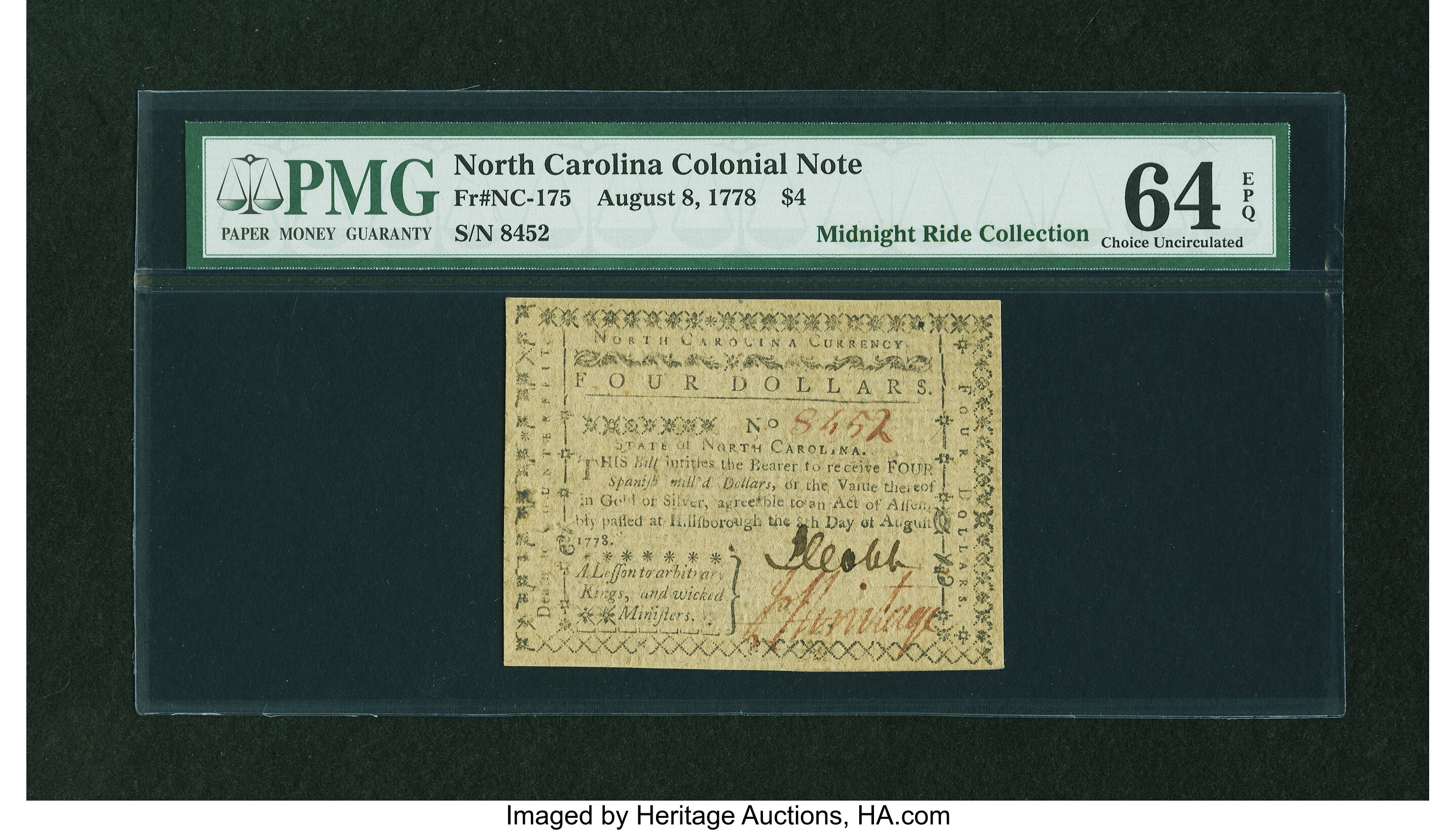 image for: North Carolina August 8, 1778 $4 PMG Choice Uncirculated 64 EPQ....
