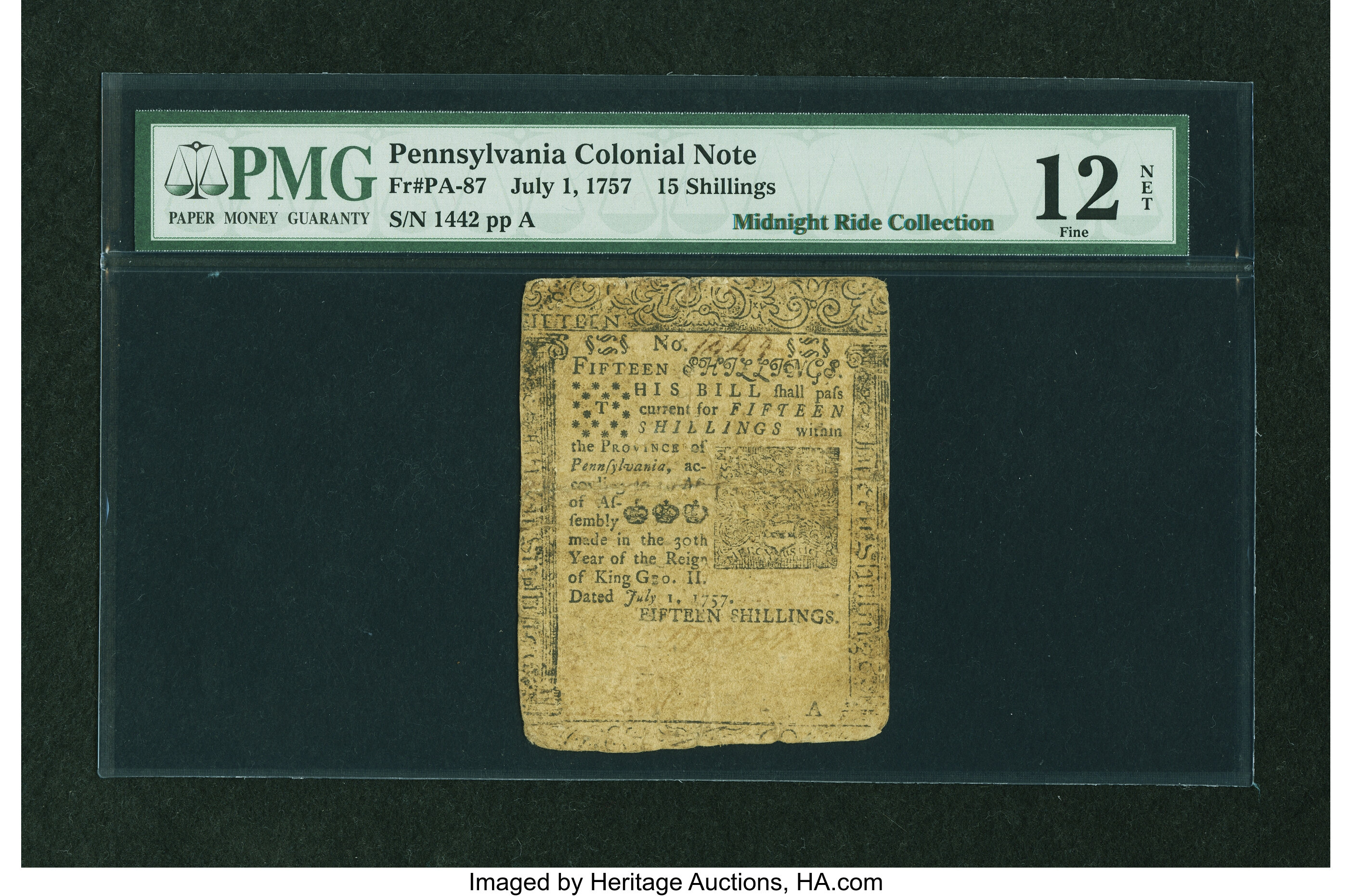 image for: Pennsylvania July 1, 1757 15s PMG Fine 12 NET....