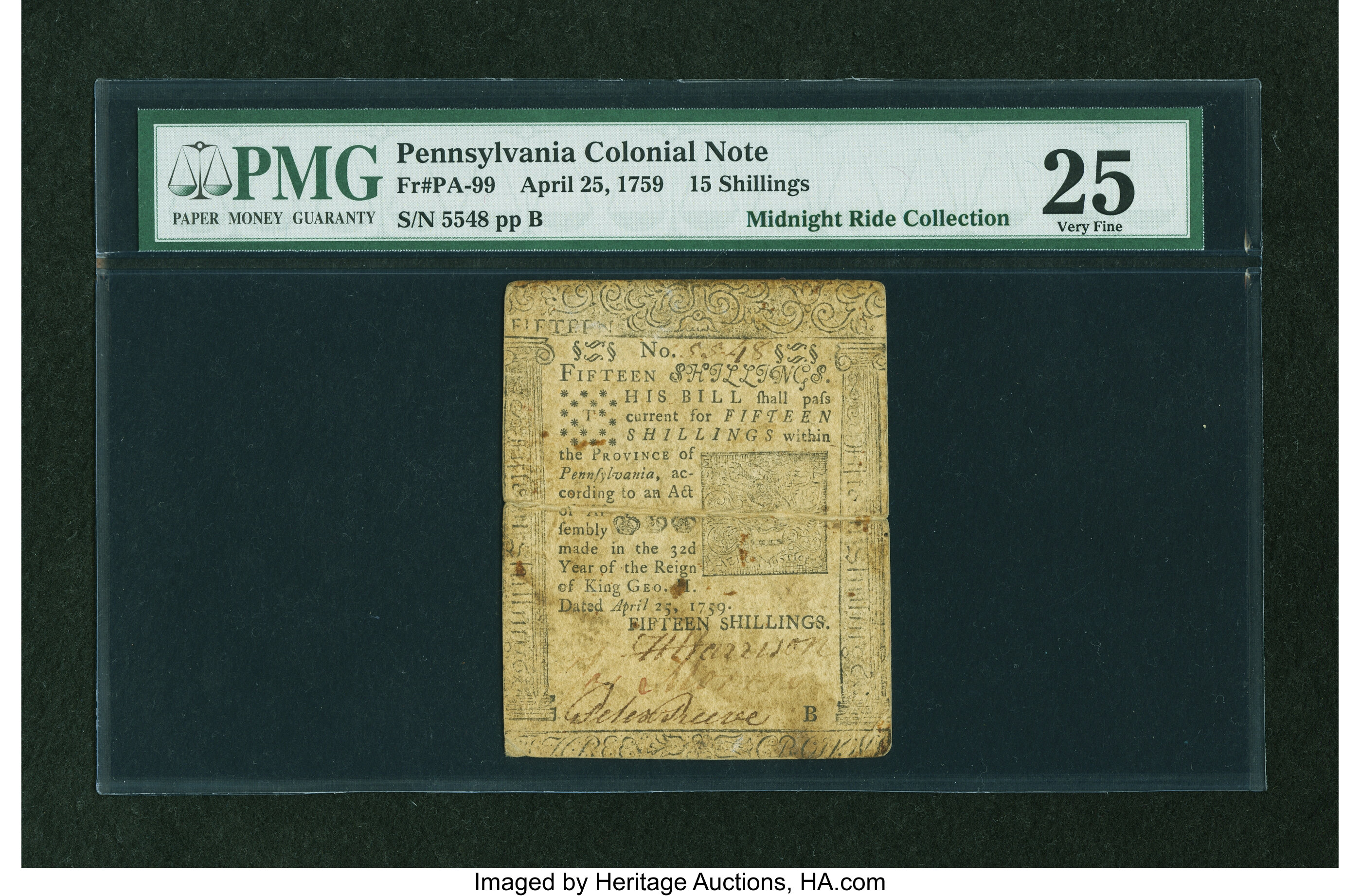 image for: Pennsylvania April 25, 1759 15s PMG Very Fine 25....