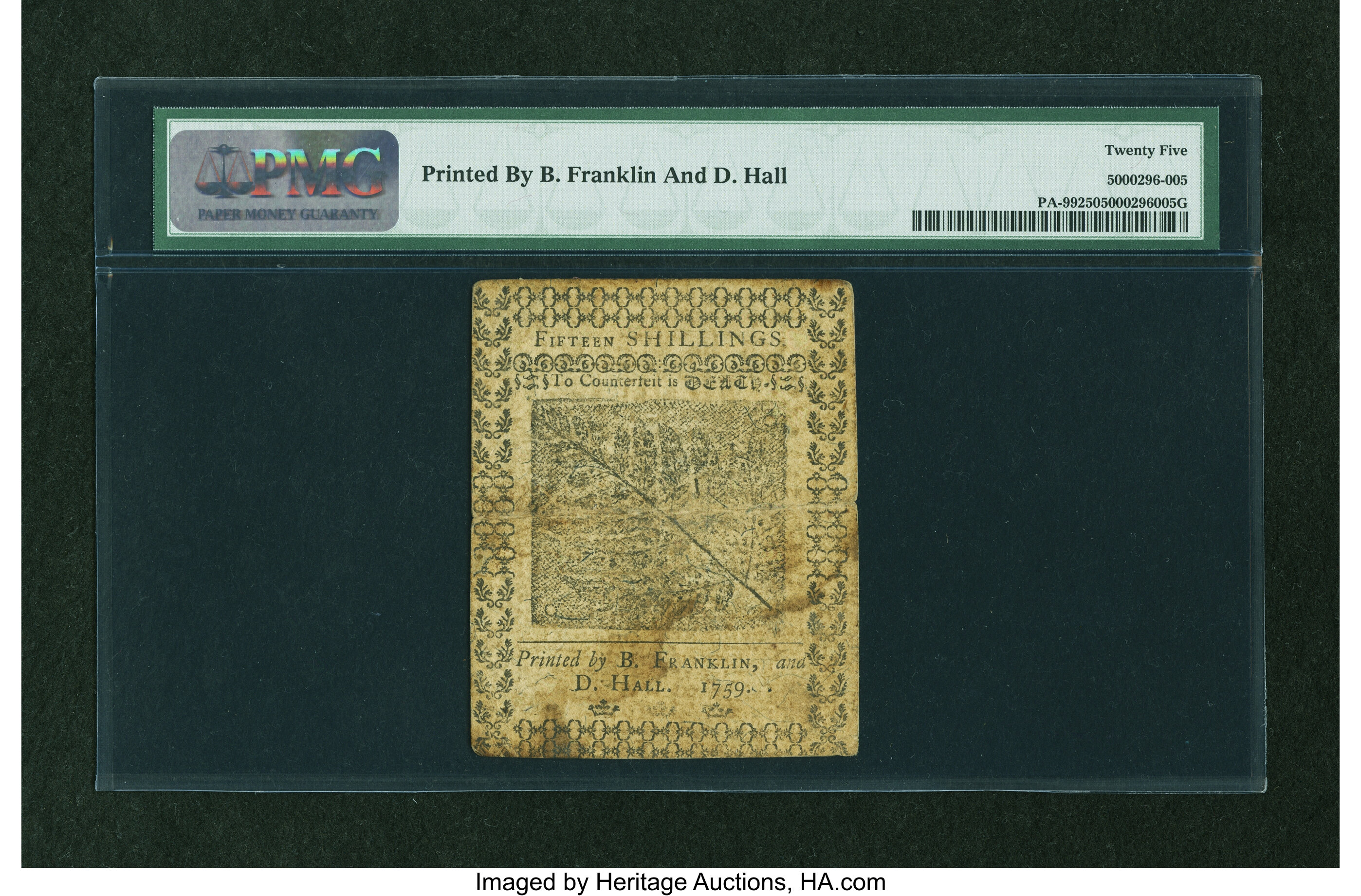 image for: Pennsylvania April 25, 1759 15s PMG Very Fine 25....