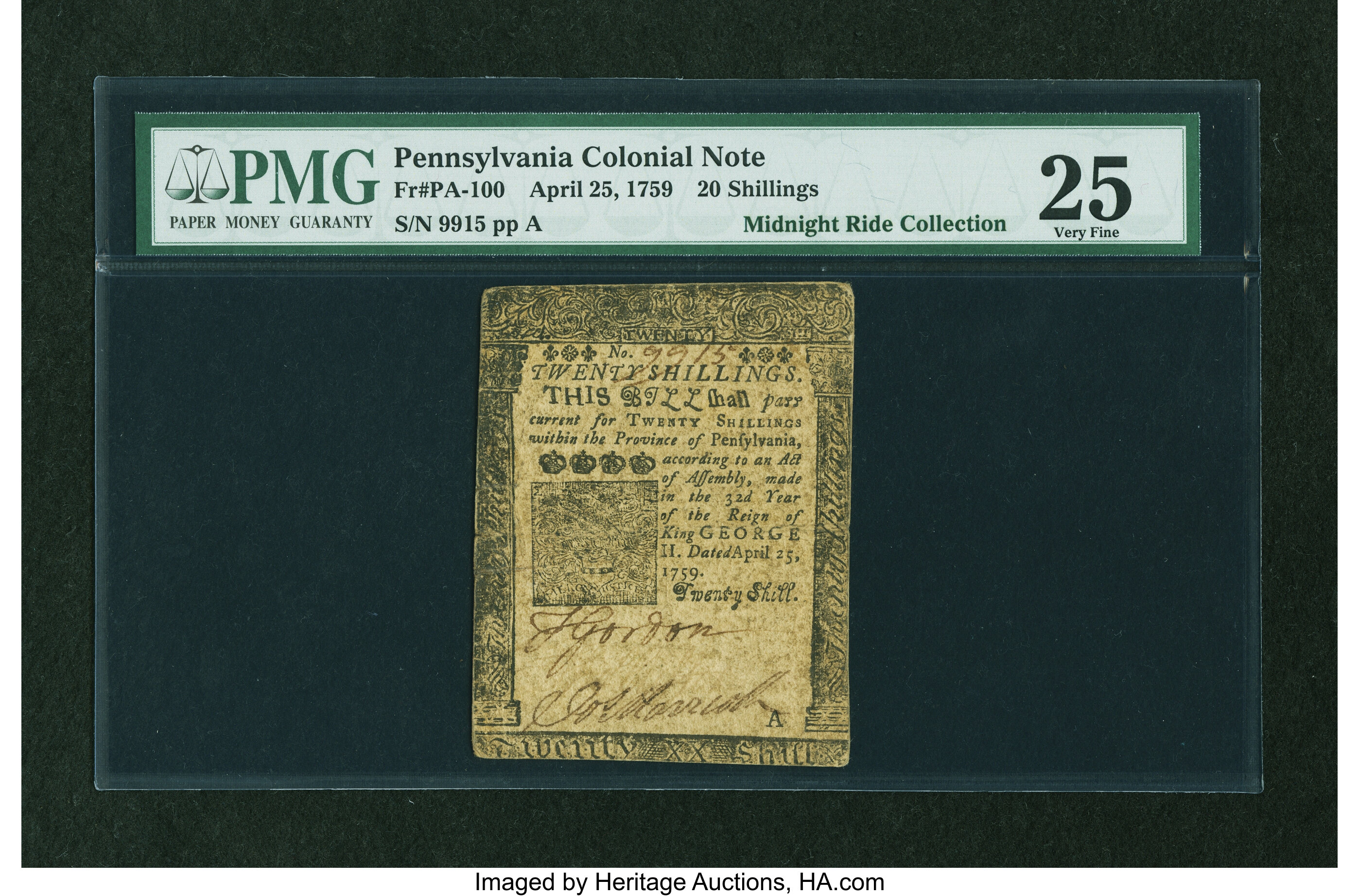 image for: Pennsylvania April 25, 1759 20s PMG Very Fine 25....
