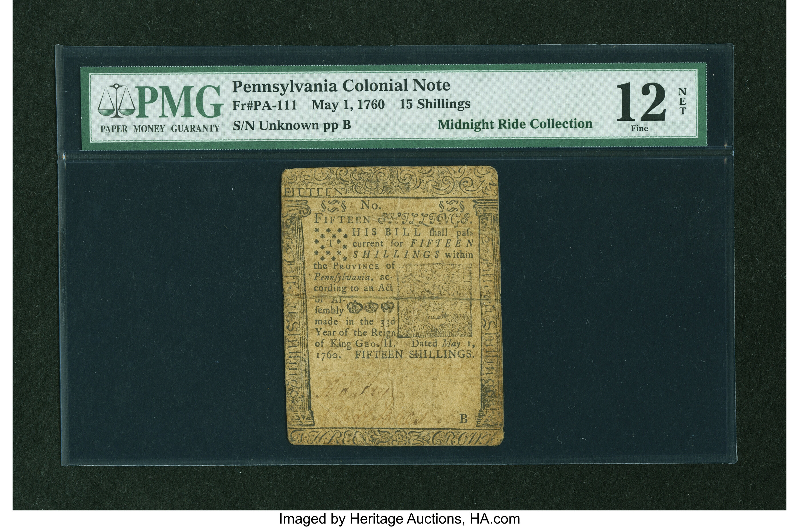 image for: Pennsylvania May 1, 1760 15s PMG Fine 12 NET....