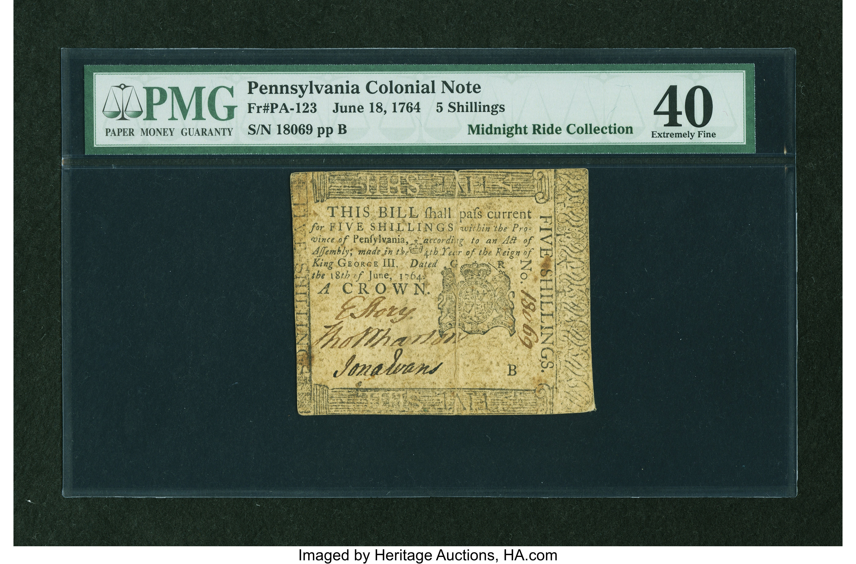 image for: Pennsylvania June 18, 1764 5s PMG Extremely Fine 40....