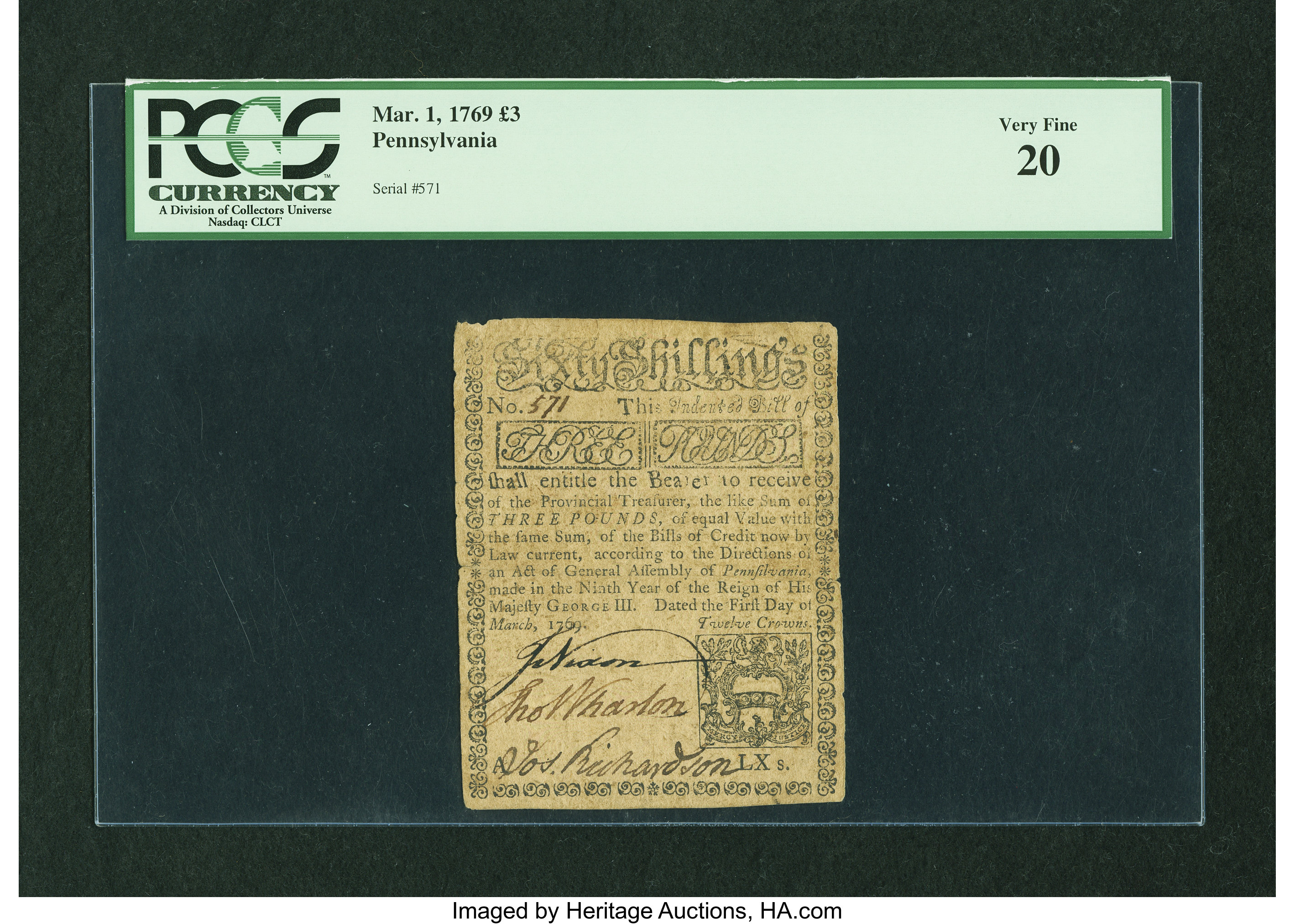 image for: Pennsylvania March 1, 1769 £3 PCGS Very Fine 20....