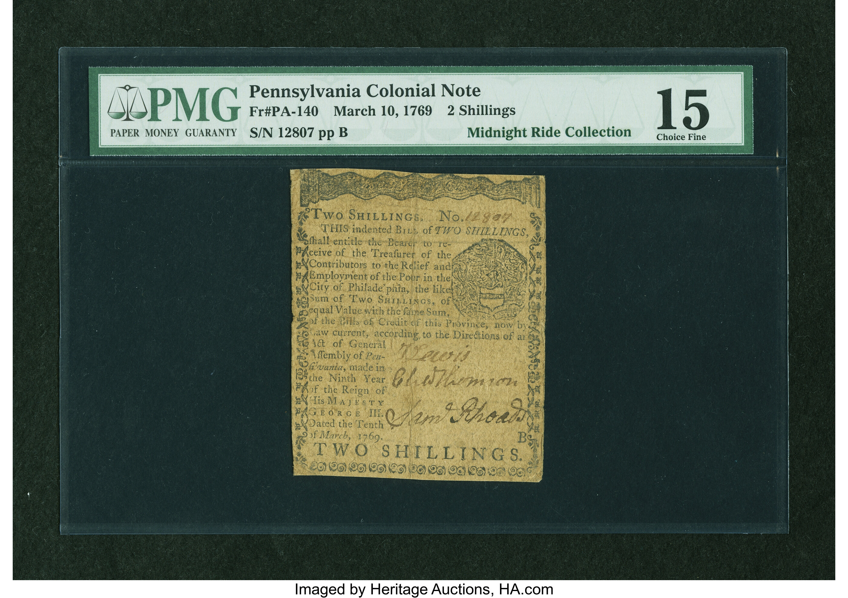 image for: Pennsylvania March 10, 1769 2s PMG Choice Fine 15....