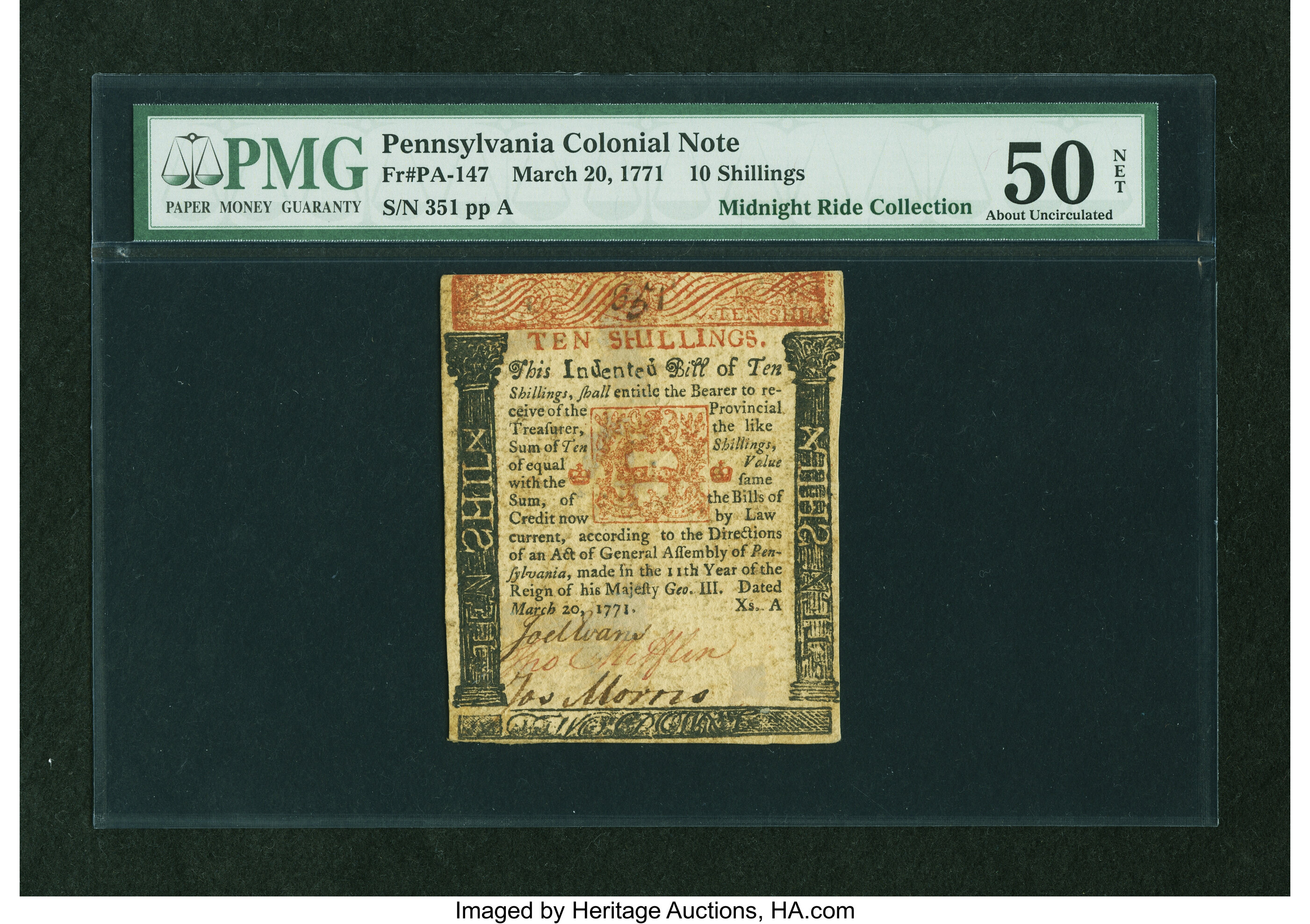 image for: Pennsylvania March 20, 1771 10s PMG About Uncirculated 50 NET....