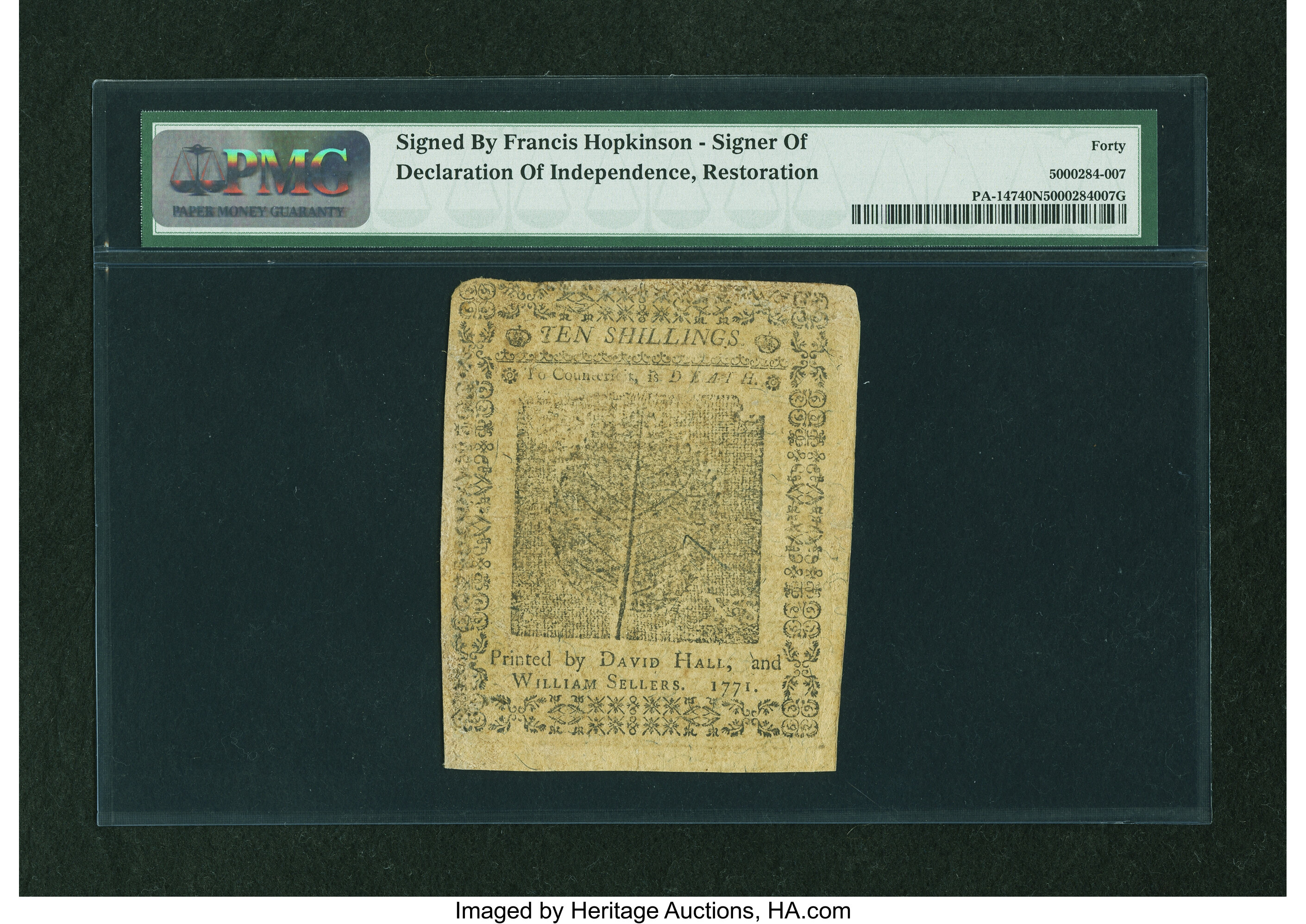 image for: Pennsylvania March 20, 1771 10s Francis Hopkinson PMG Extremely Fine 40 NET....