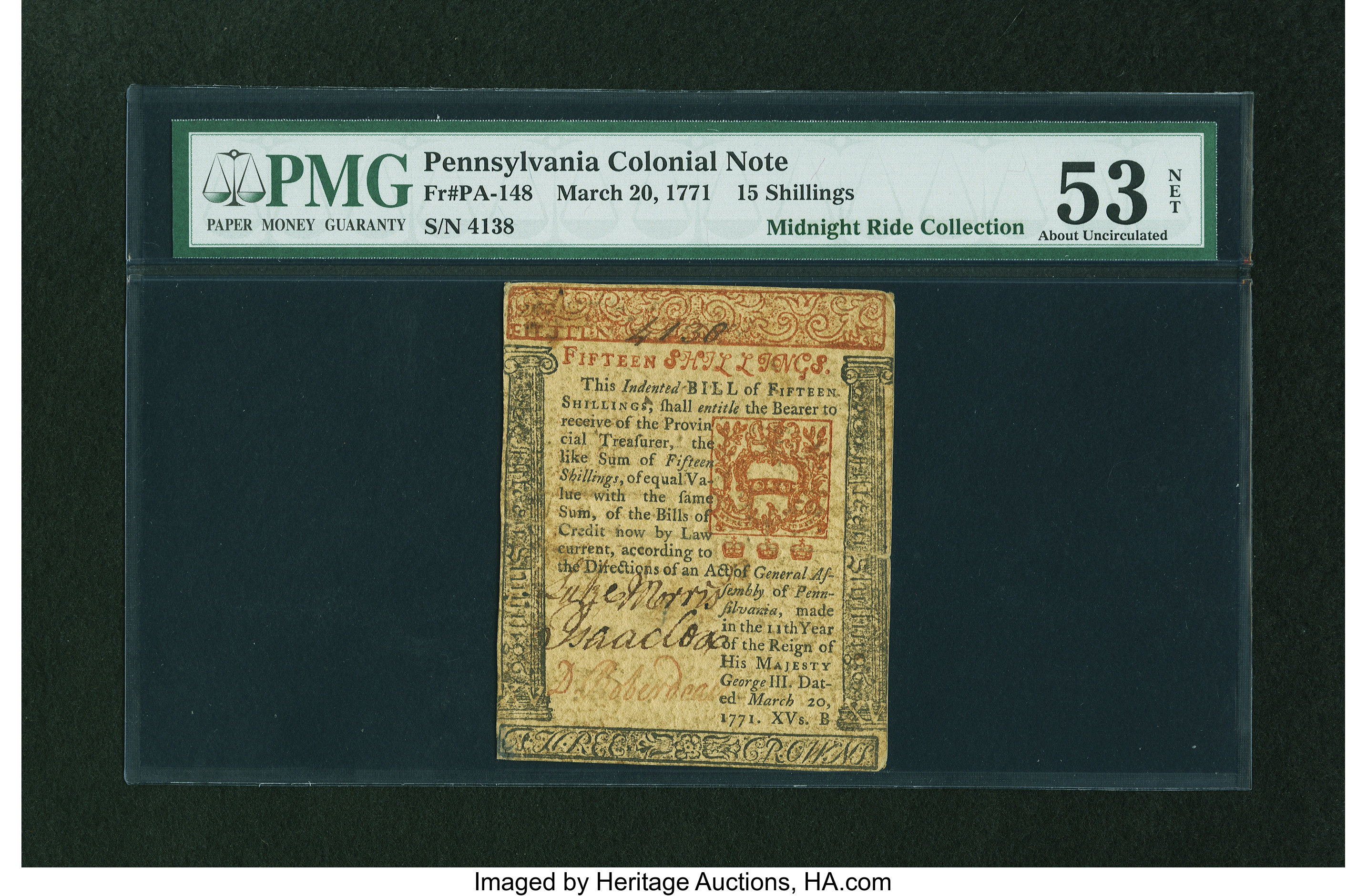 image for: Pennsylvania March 20, 1771 15s PMG About Uncirculated 53 NET....