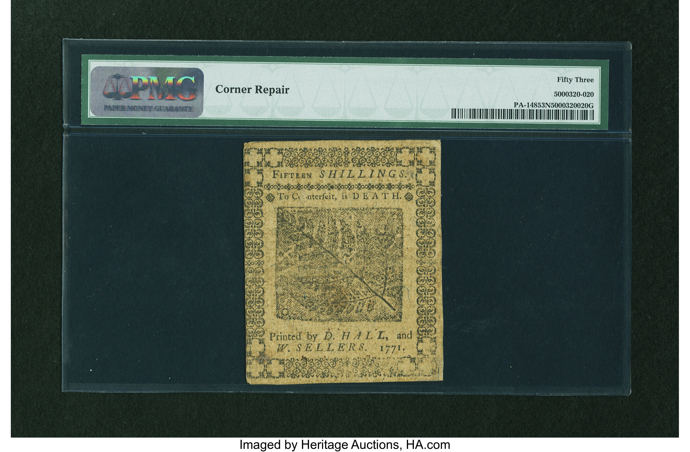 image for: Pennsylvania March 20, 1771 15s PMG About Uncirculated 53 NET....