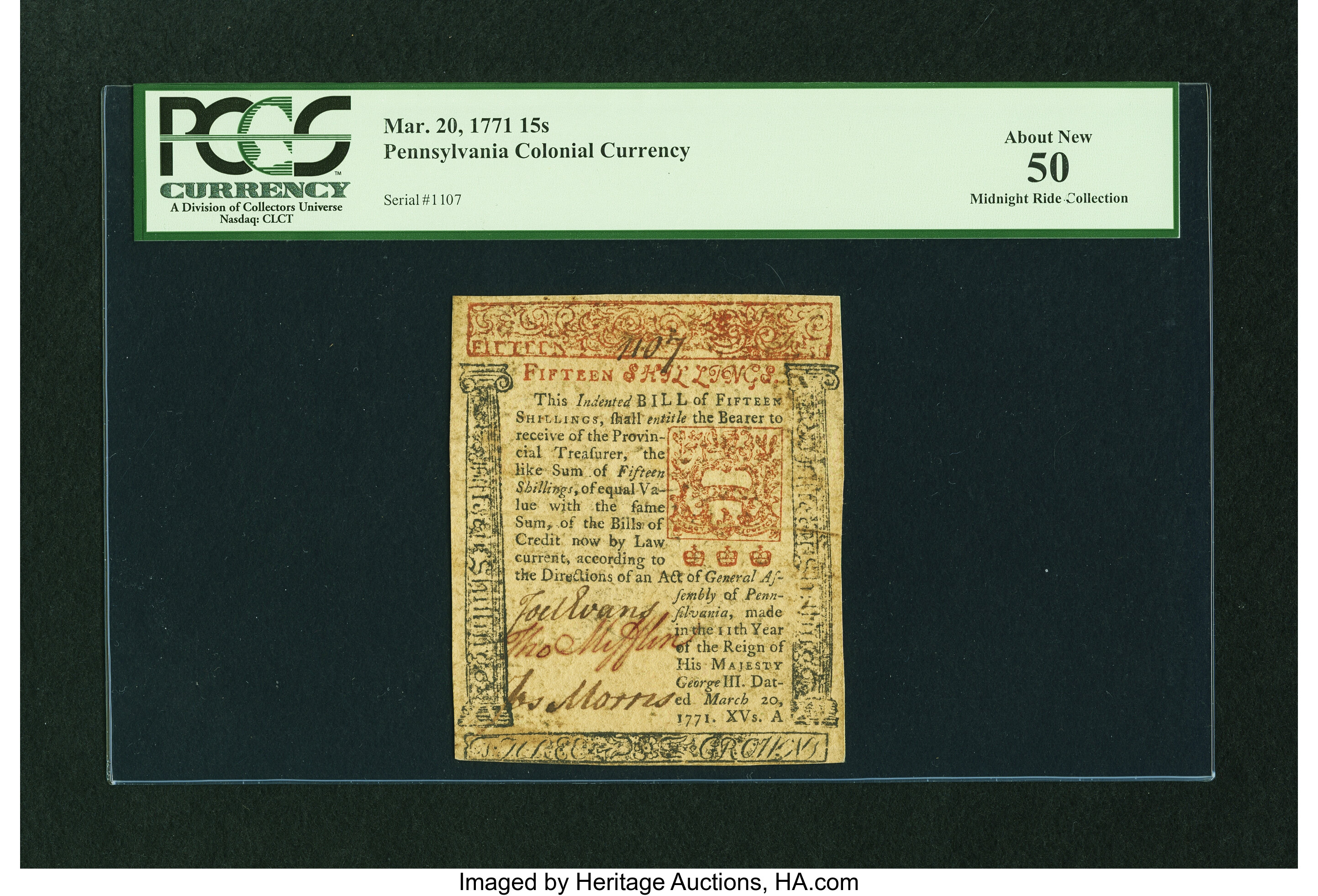 image for: Pennsylvania March 20, 1771 15s PCGS About New 50....
