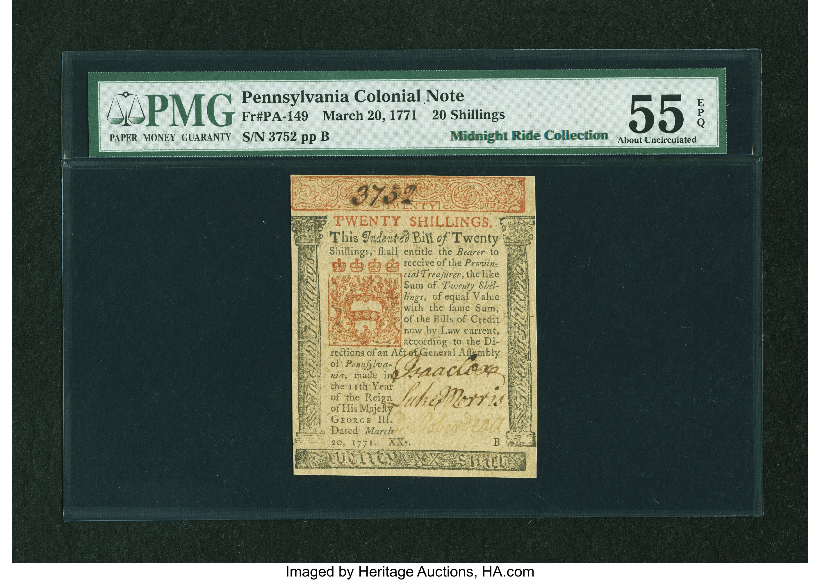 image for: Pennsylvania March 20, 1771 20s PMG About Uncirculated 55 EPQ....