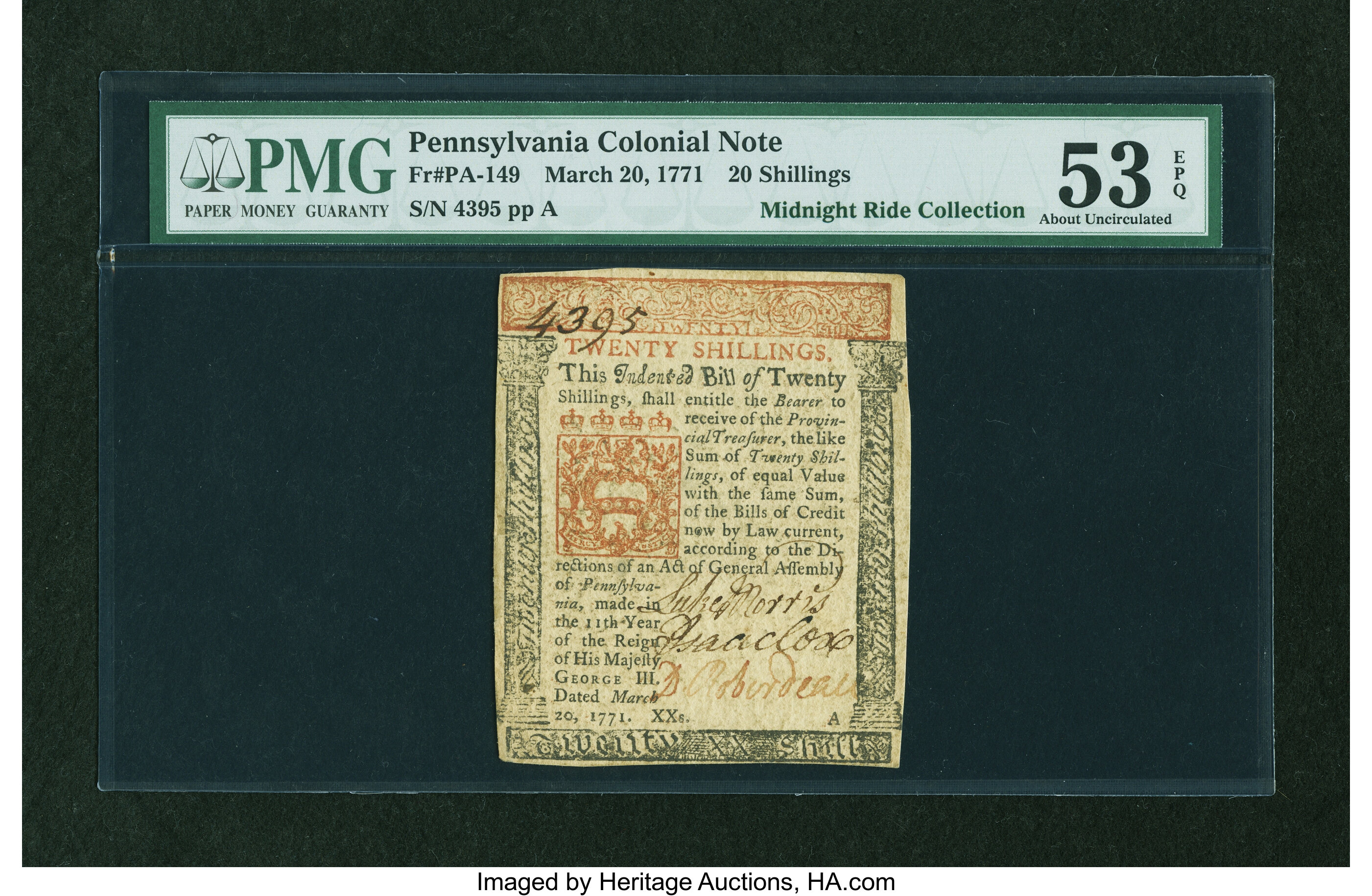 image for: Pennsylvania March 20, 1771 20s PMG About Uncirculated 53 EPQ....