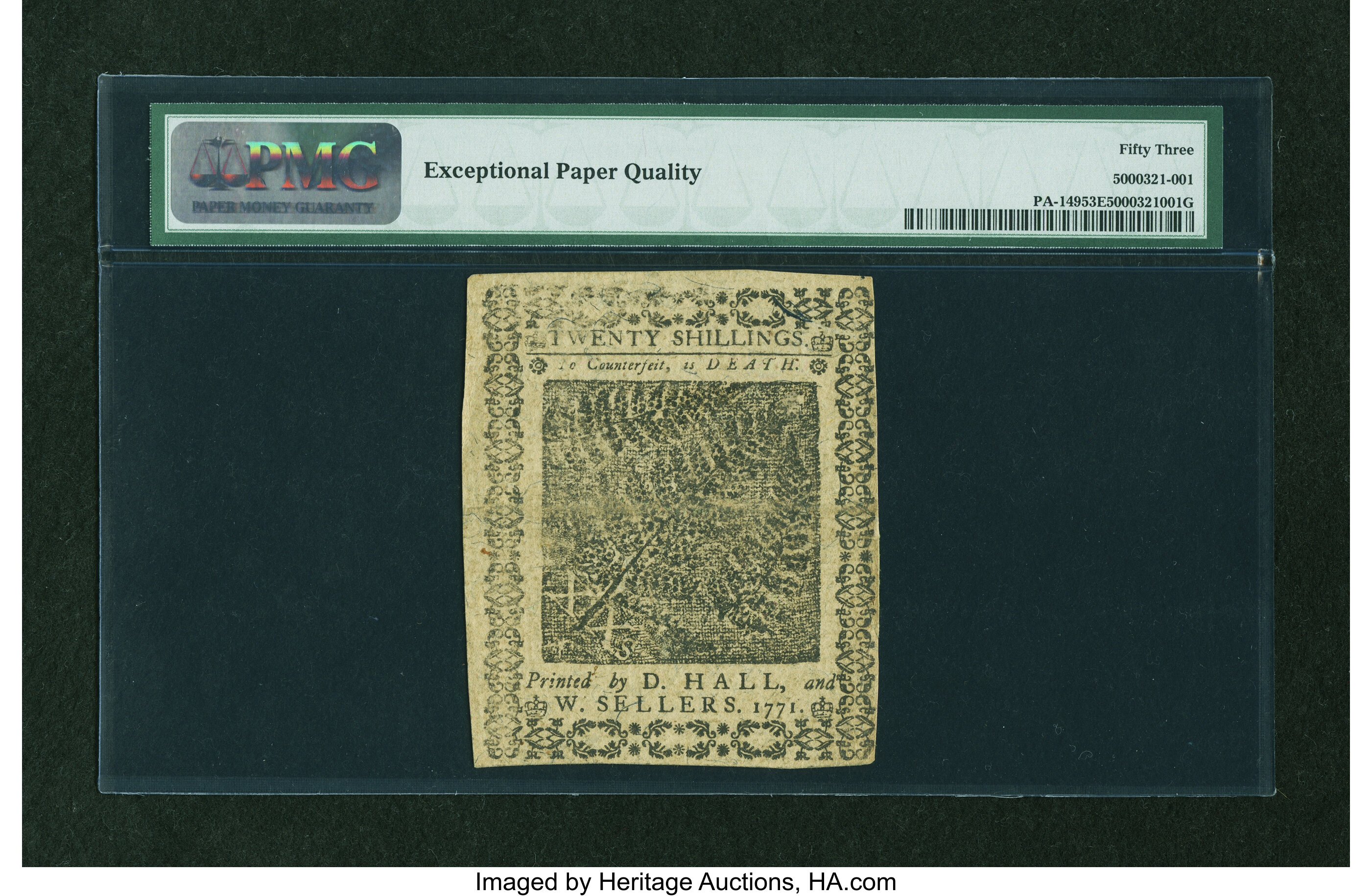 image for: Pennsylvania March 20, 1771 20s PMG About Uncirculated 53 EPQ....