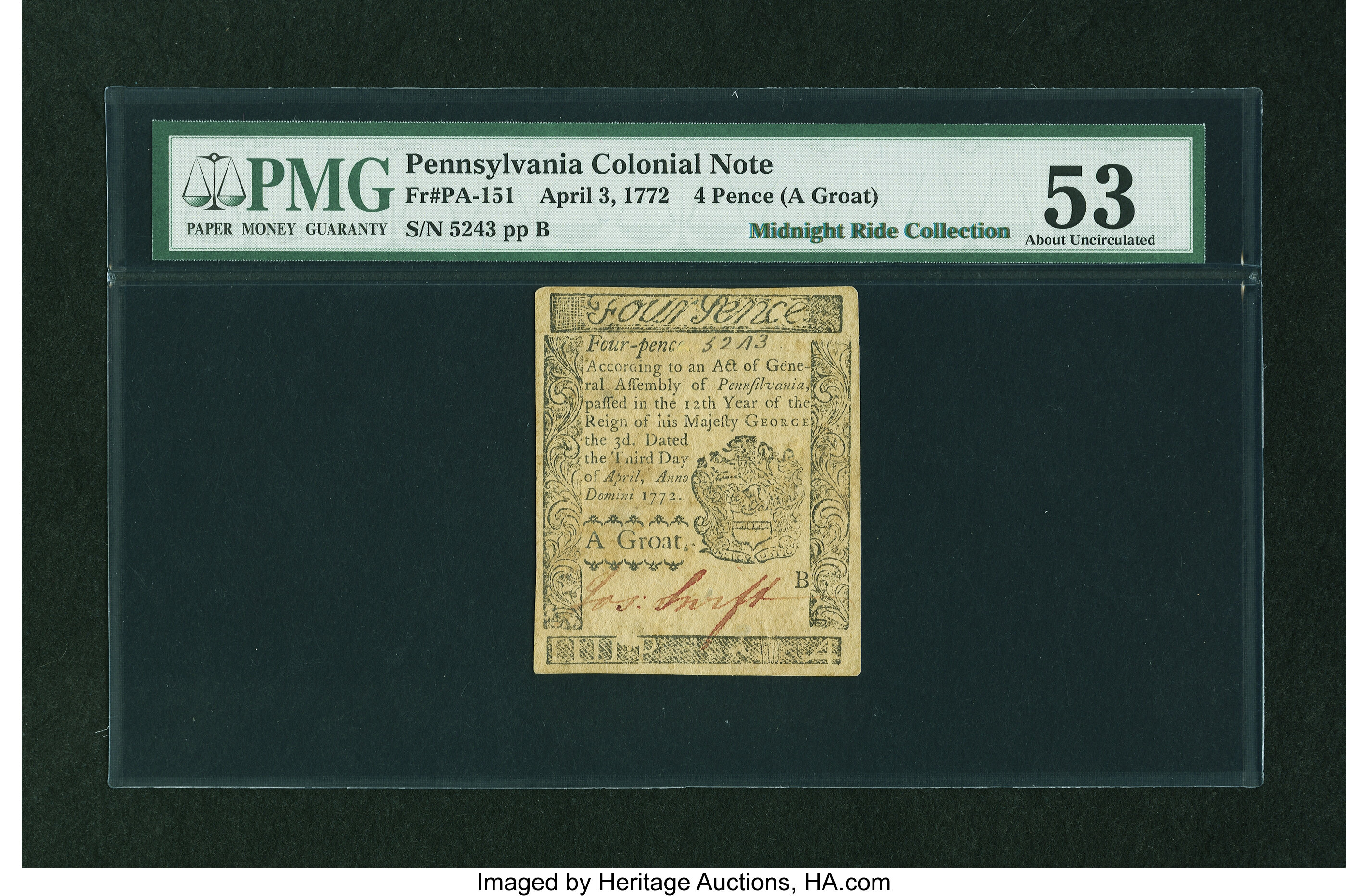 image for: Pennsylvania April 3, 1772 4d PMG About Uncirculated 53....