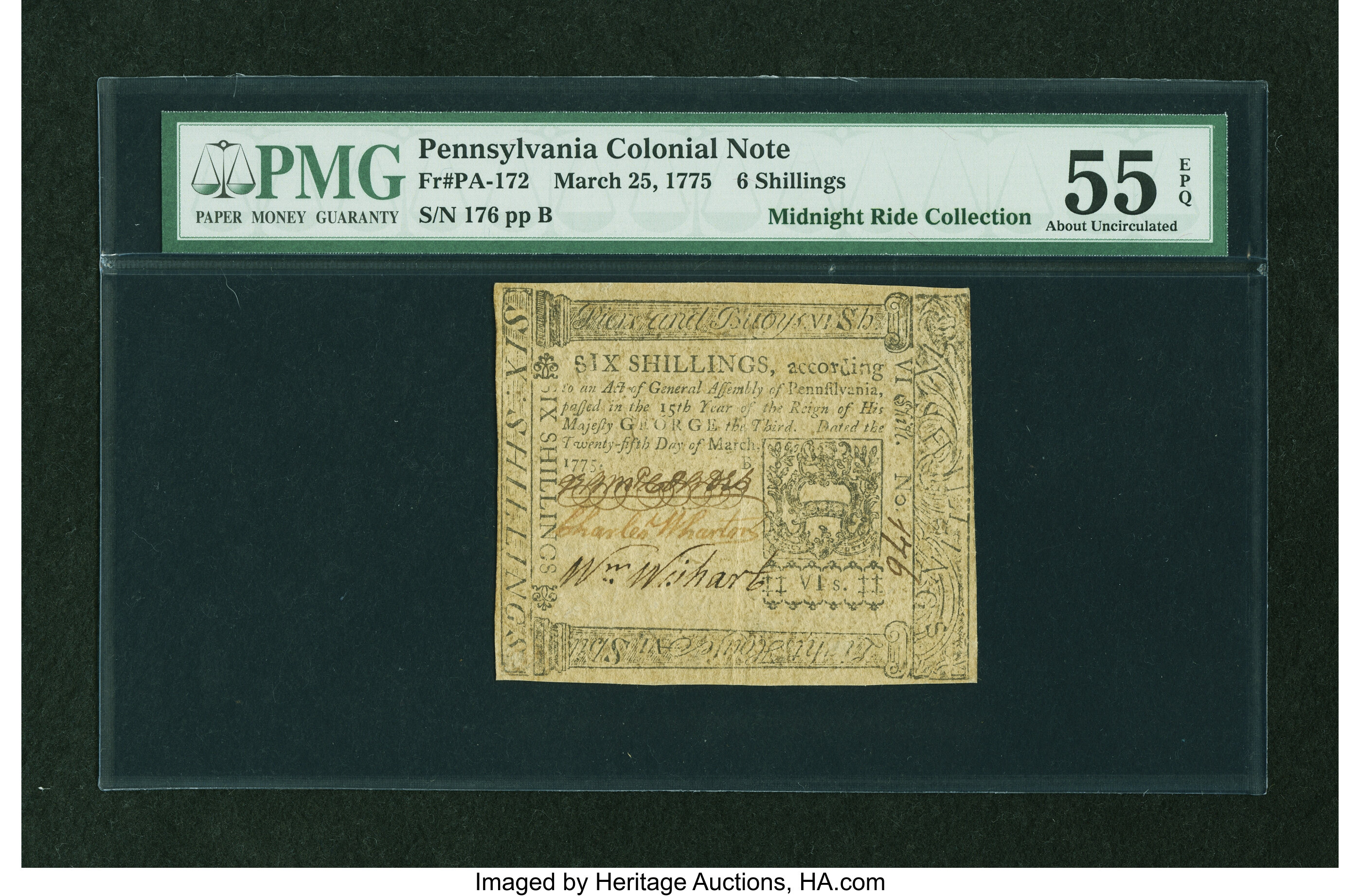 image for: Pennsylvania March 25, 1775 6s PMG About Uncirculated 55 EPQ....