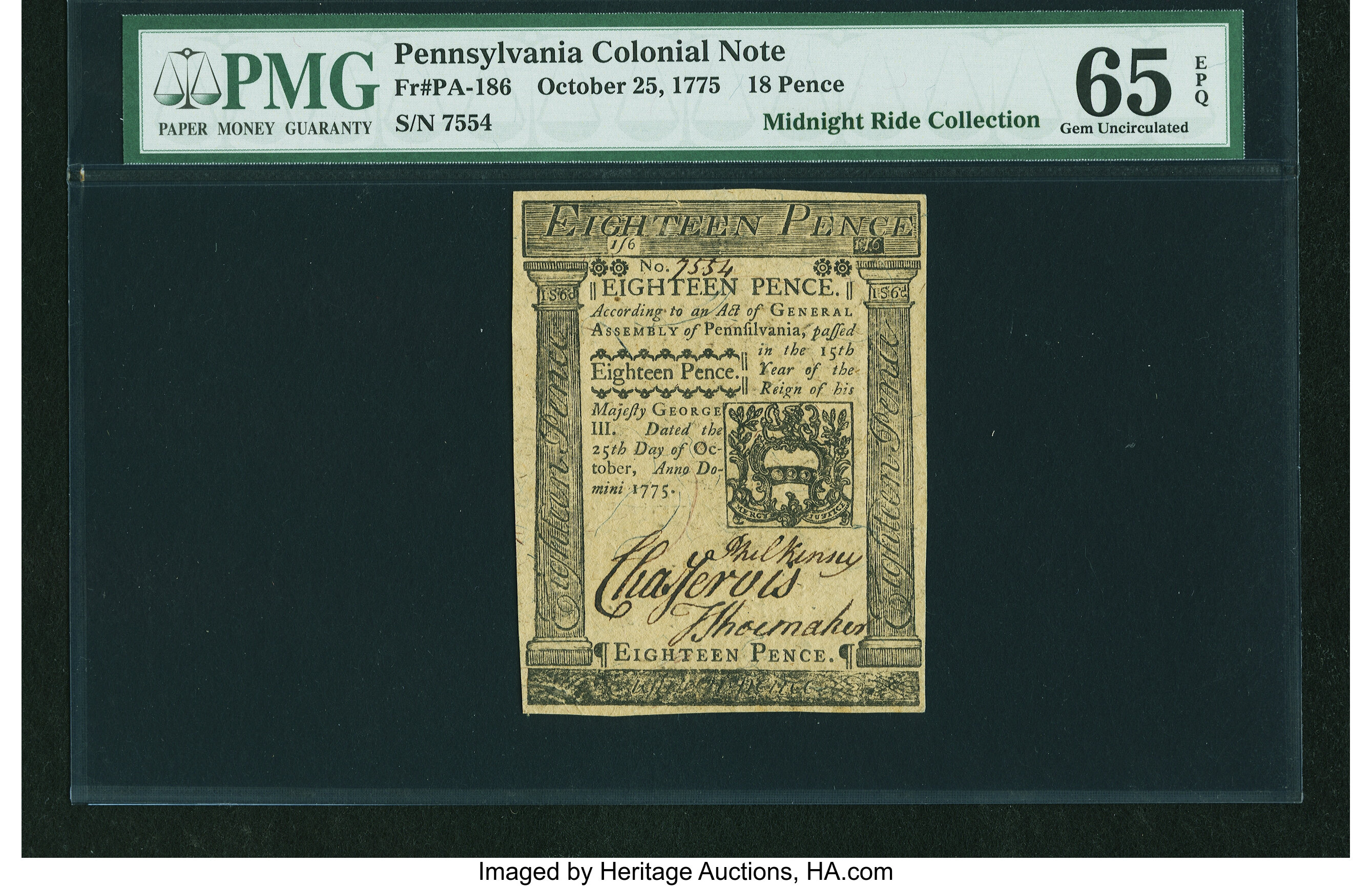 image for: Pennsylvania October 25, 1775 18d PMG Gem Uncirculated 65 EPQ....