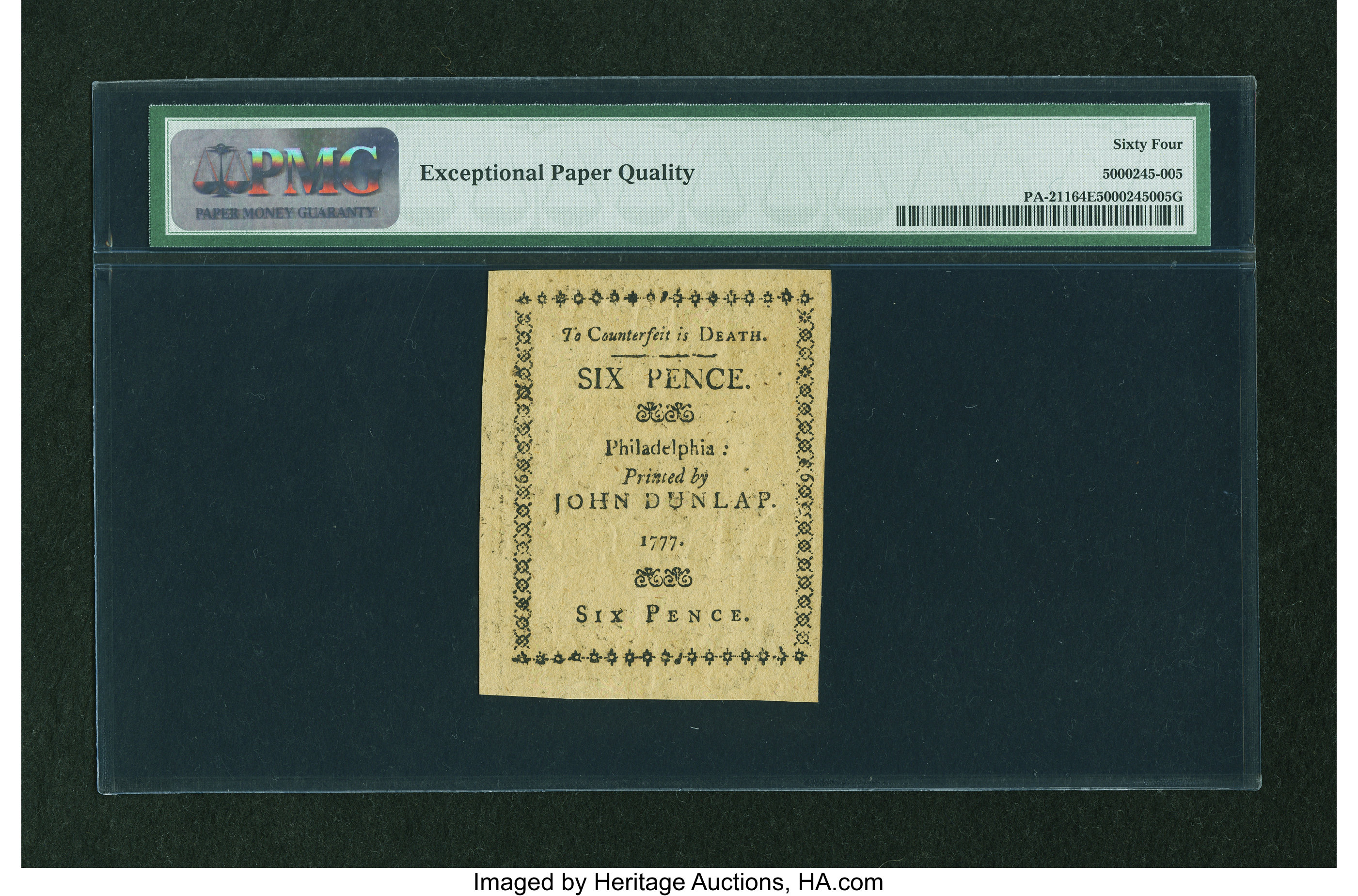 image for: Pennsylvania April 10, 1777 6d PMG Choice Uncirculated 64 EPQ....