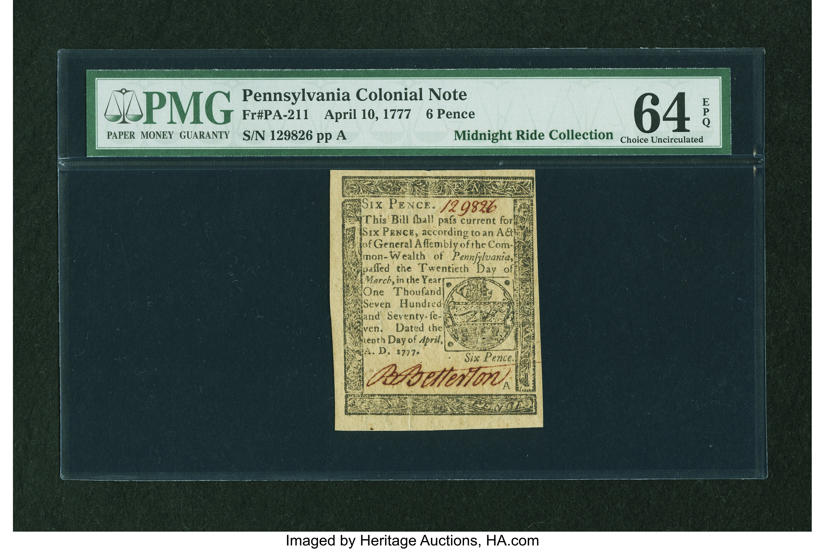 image for: Pennsylvania April 10, 1777 6d PMG Choice Uncirculated 64 EPQ....