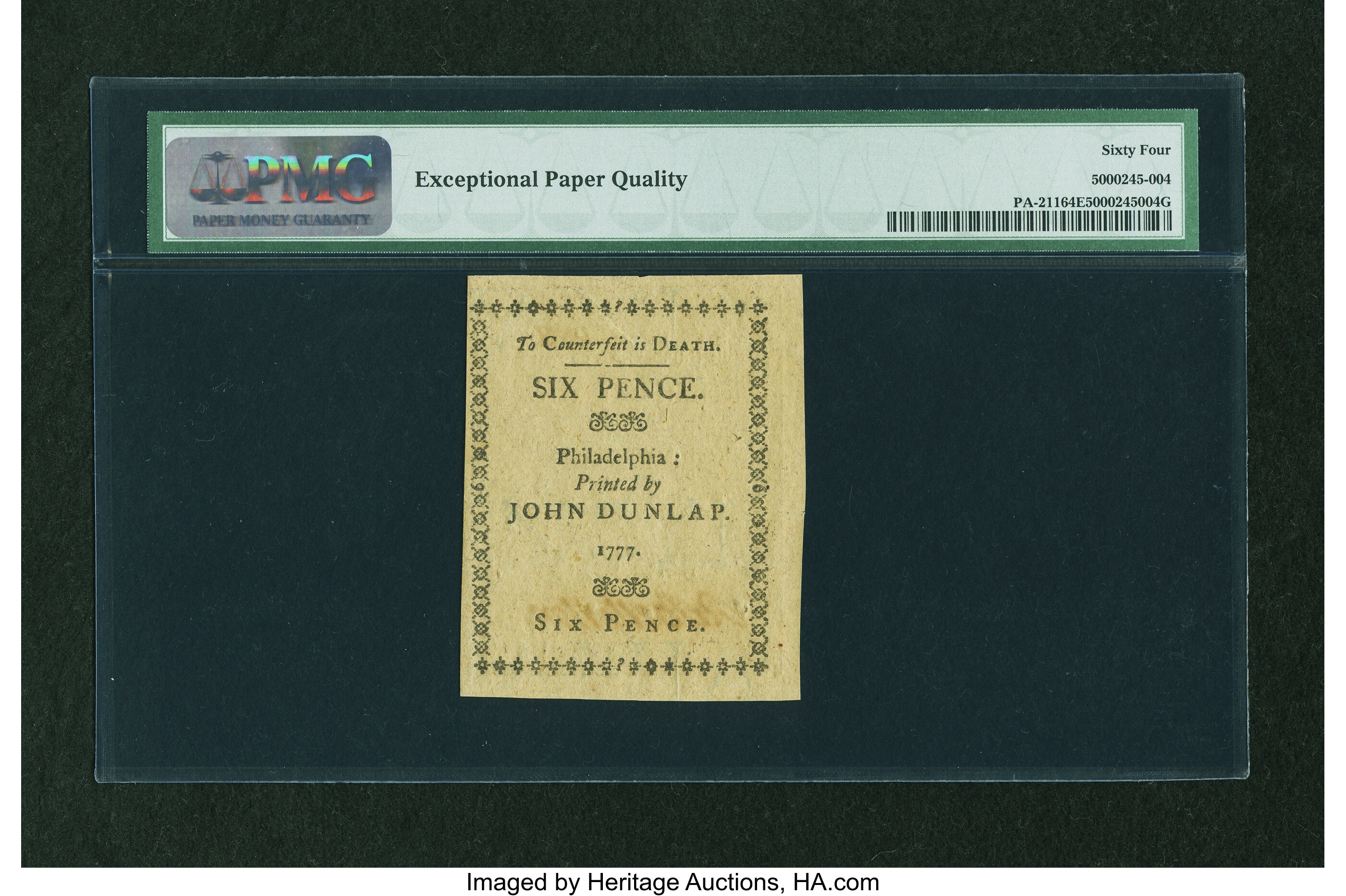 image for: Pennsylvania April 10, 1777 6d PMG Choice Uncirculated 64 EPQ....