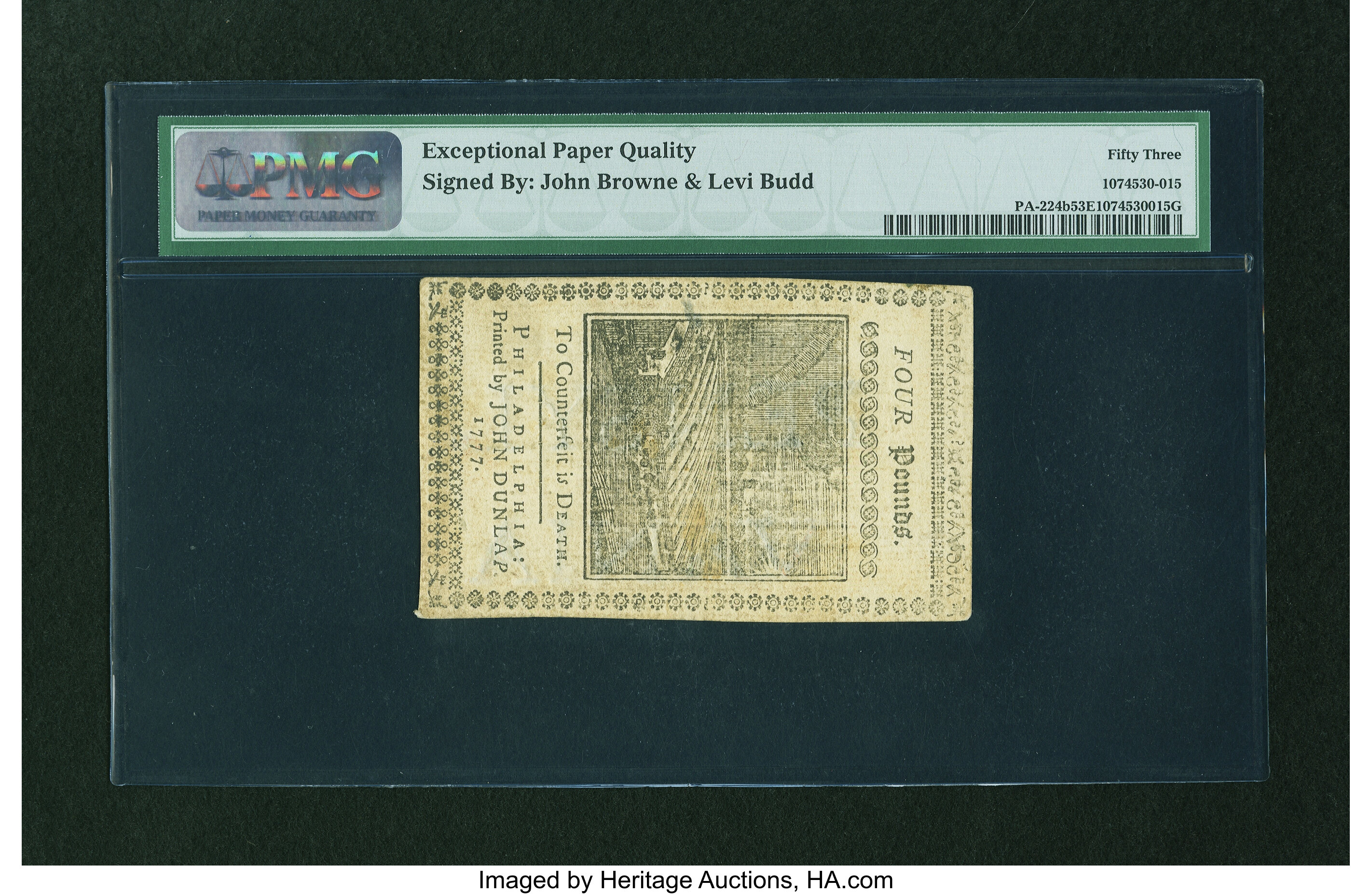 image for: Pennsylvania April 10, 1777 £4 PMG About Uncirculated 53 EPQ....