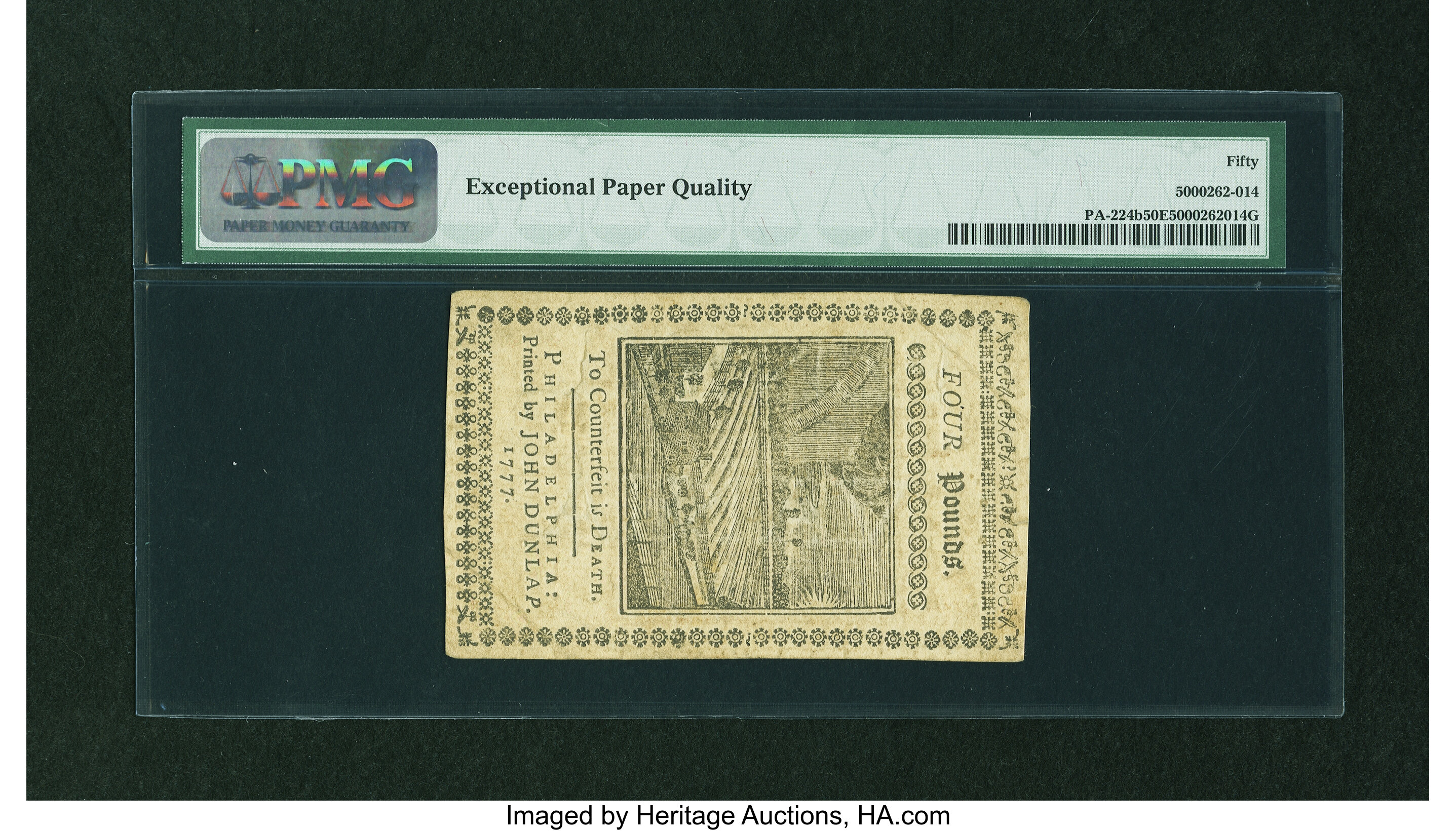 image for: Pennsylvania April 10, 1777 £4 Red and Black PMG About Uncirculated 50 EPQ....