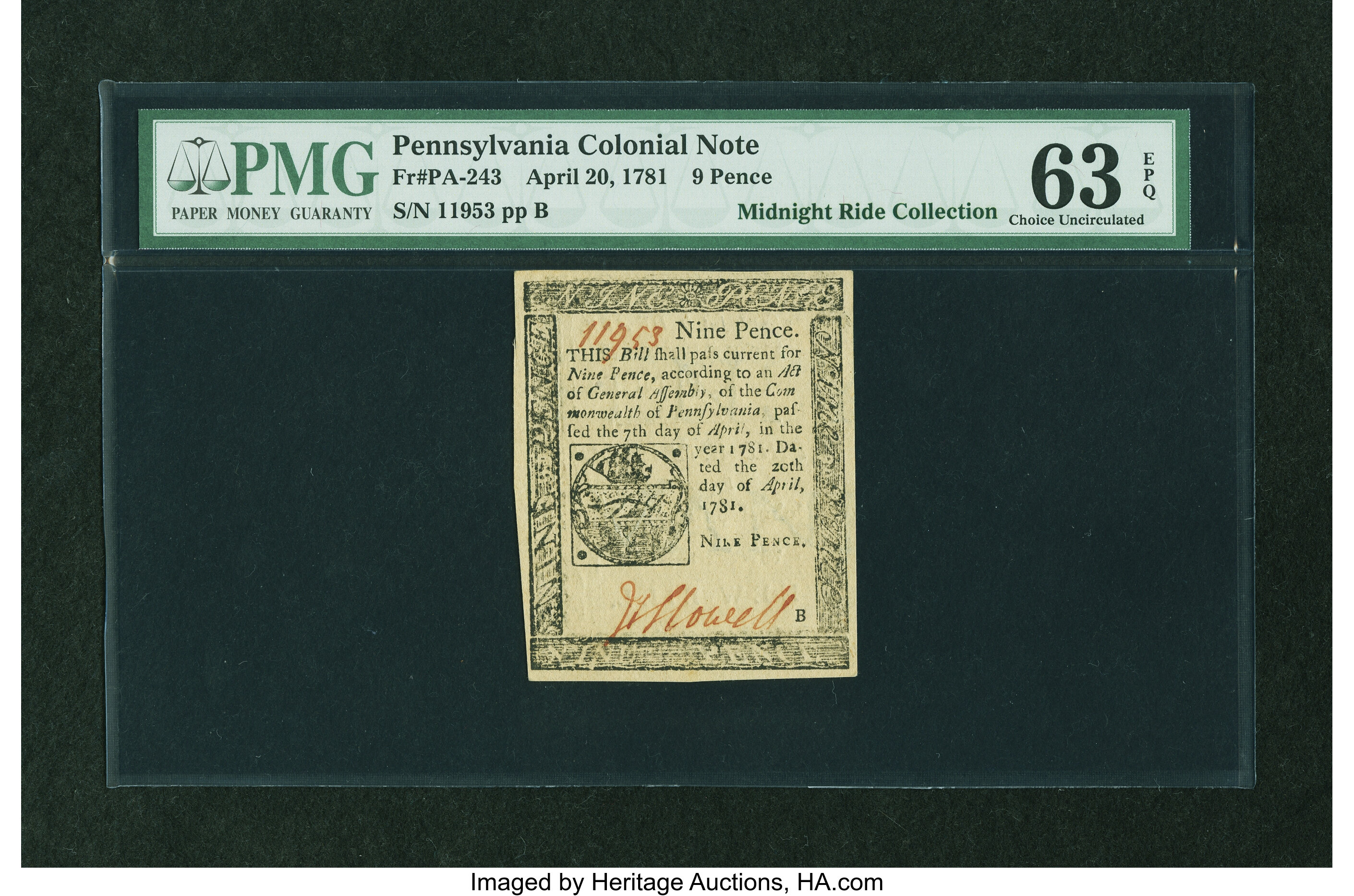 image for: Pennsylvania April 20, 1781 9d PMG Choice Uncirculated 63 EPQ....