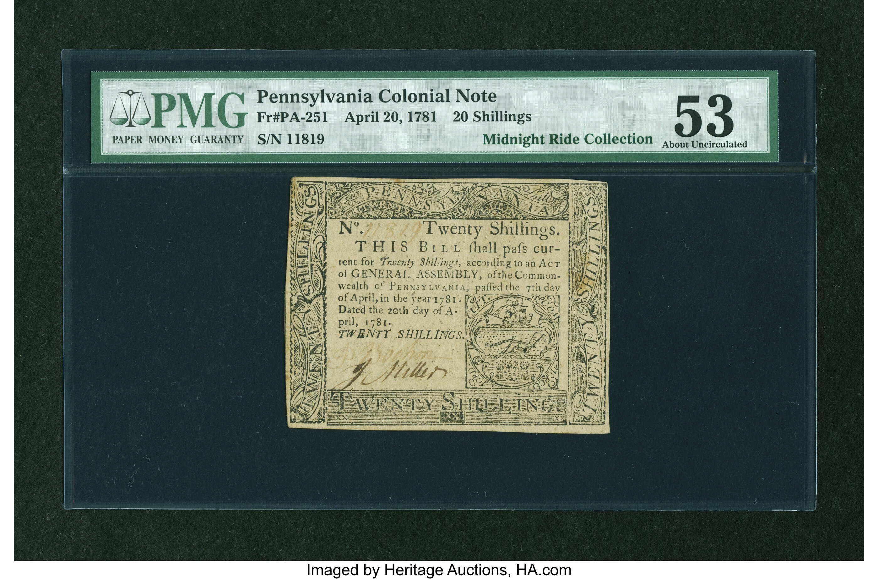 image for: Pennsylvania April 20, 1781 20s PMG About Uncirculated 53....