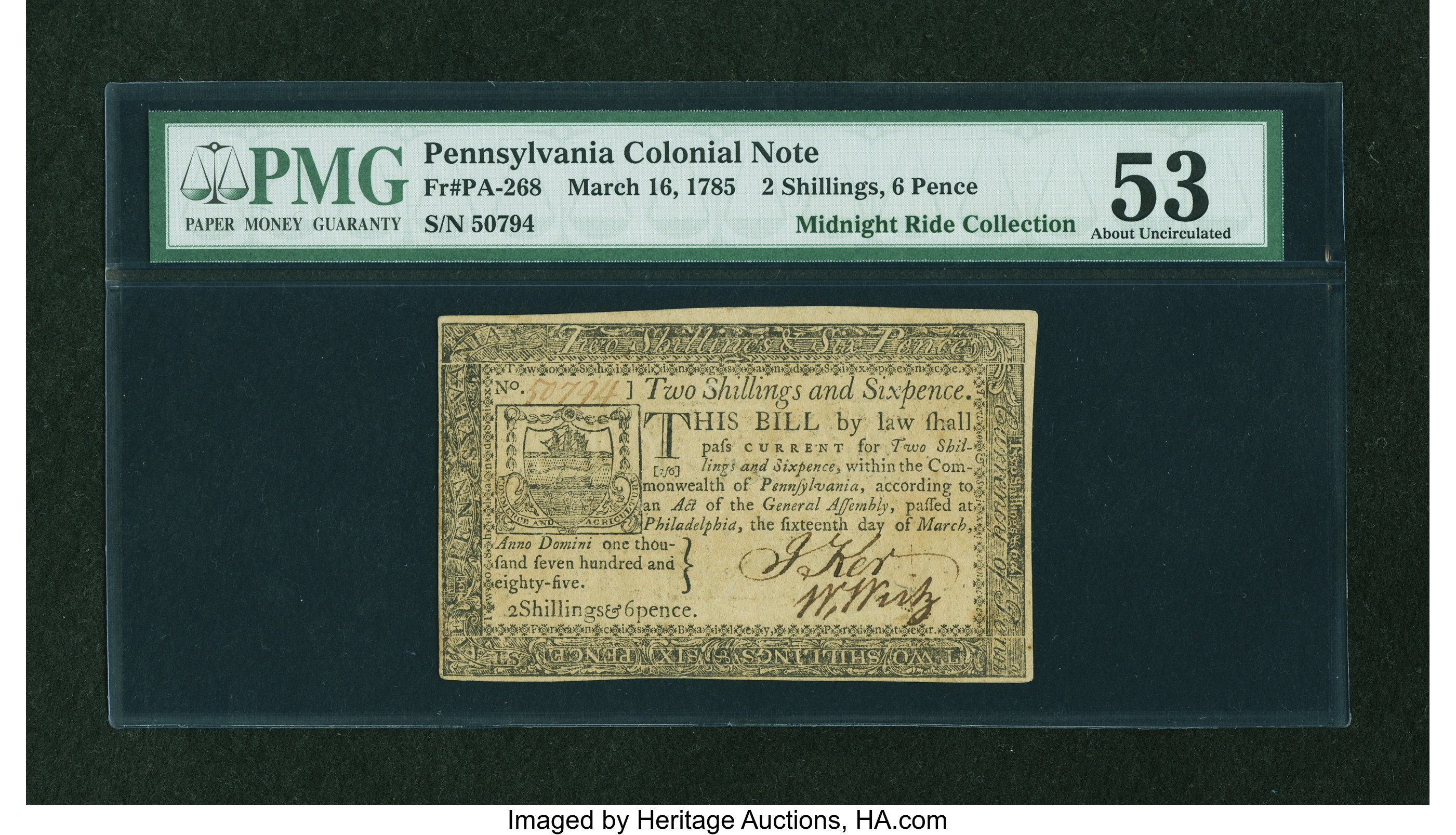 image for: Pennsylvania March 16, 1785 2s6d PMG About Uncirculated 53....