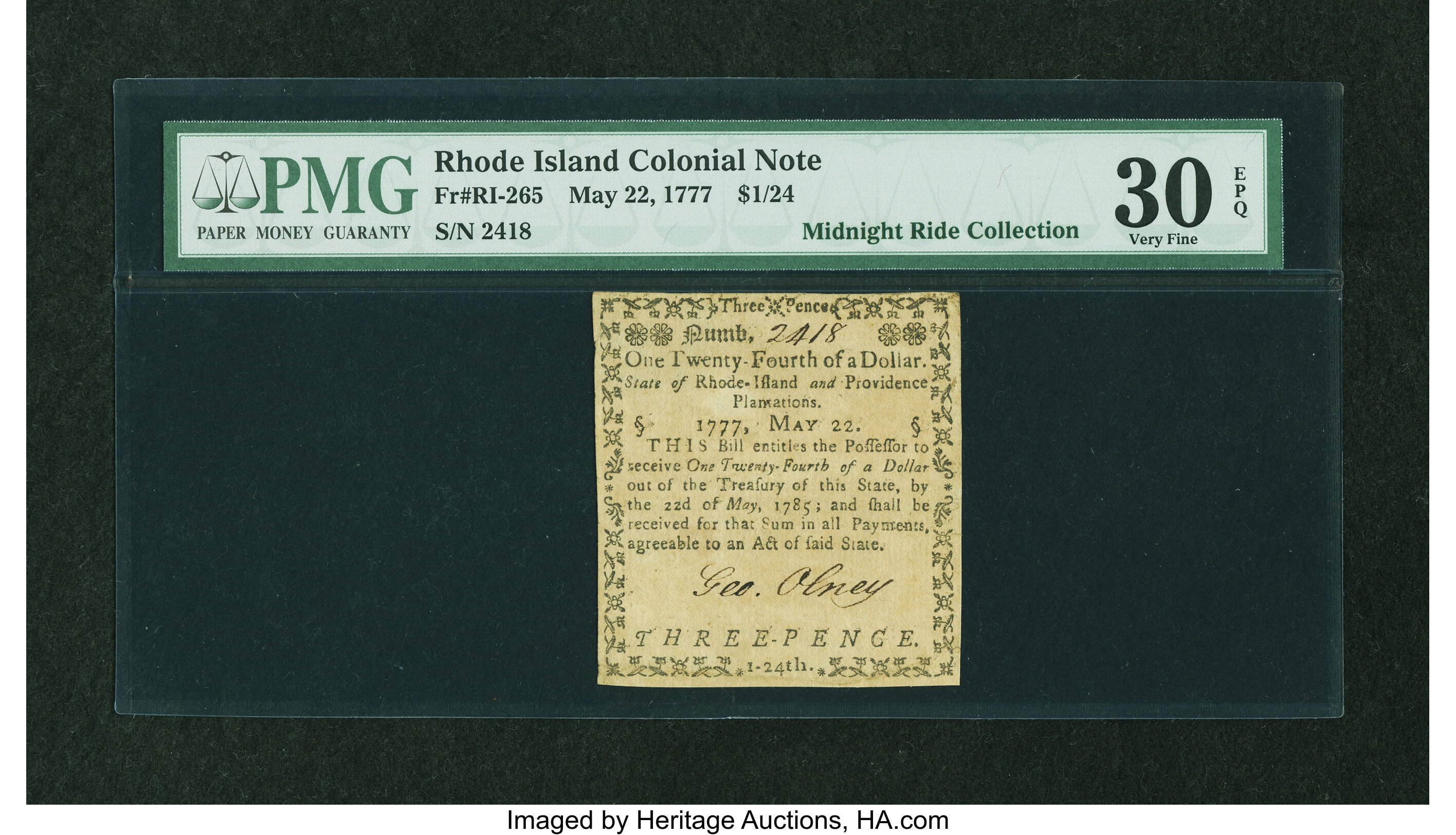 image for: Rhode Island May 22, 1777 $1/24 PMG Very Fine 30 EPQ....