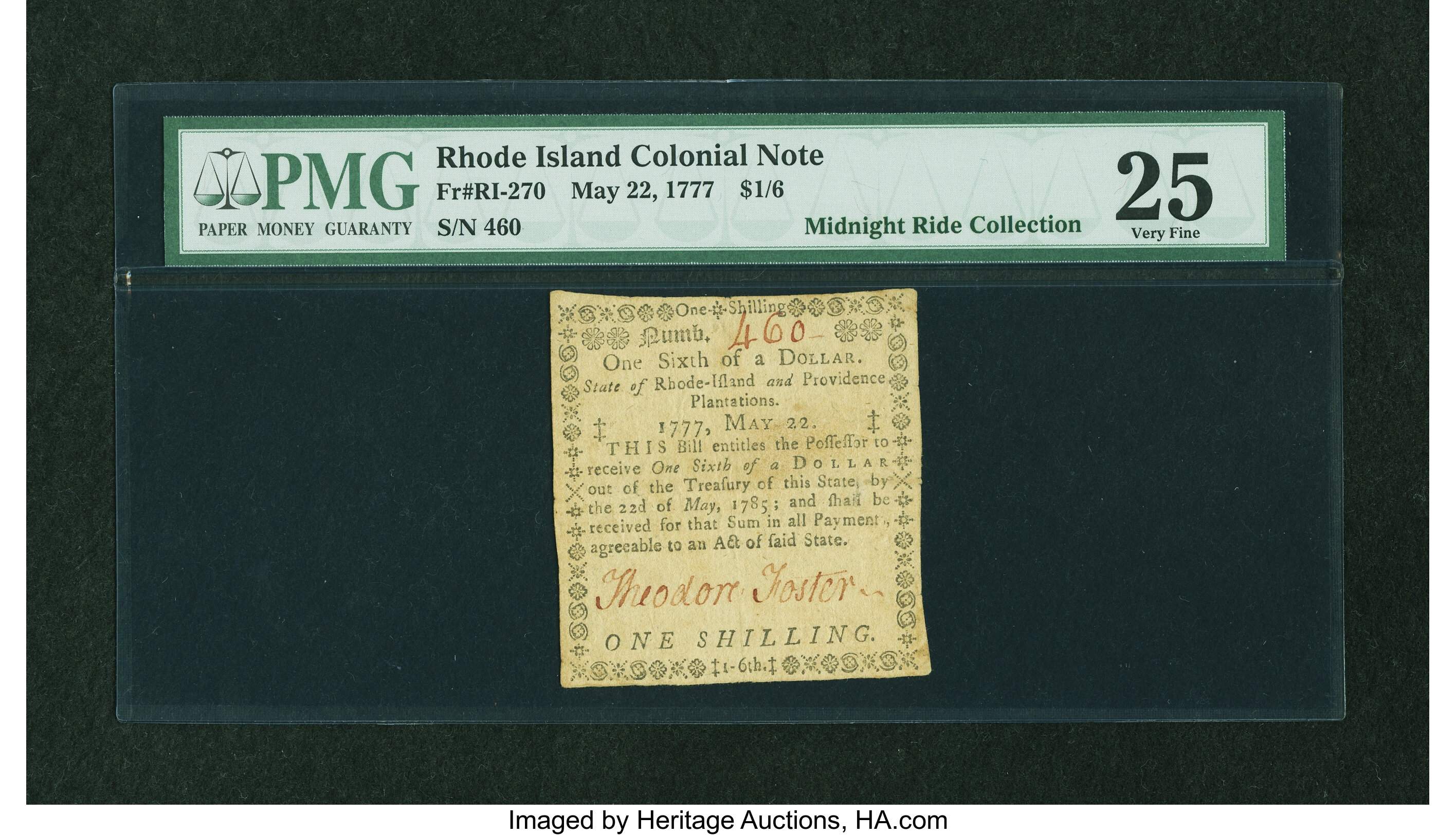 image for: Rhode Island May 22, 1777 $1/6 PMG Very Fine 25....