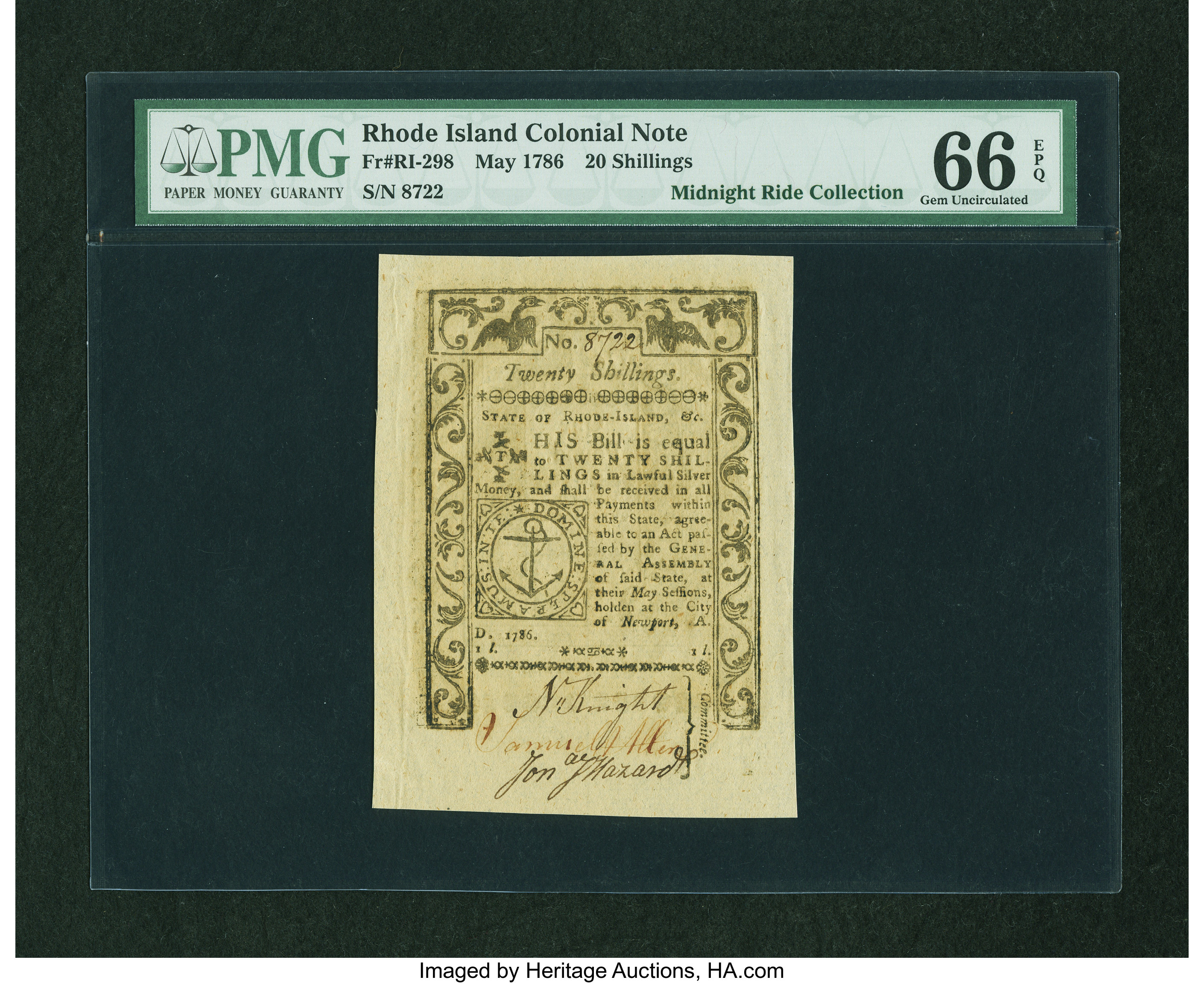 image for: Rhode Island May 1786 20s PMG Gem Uncirculated 66 EPQ....