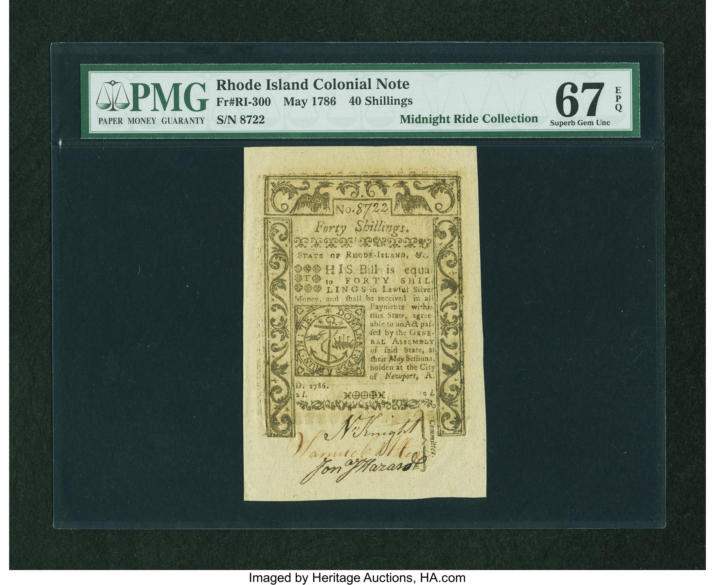 image for: Rhode Island May 1786 40s PMG Superb Gem Unc 67 EPQ....