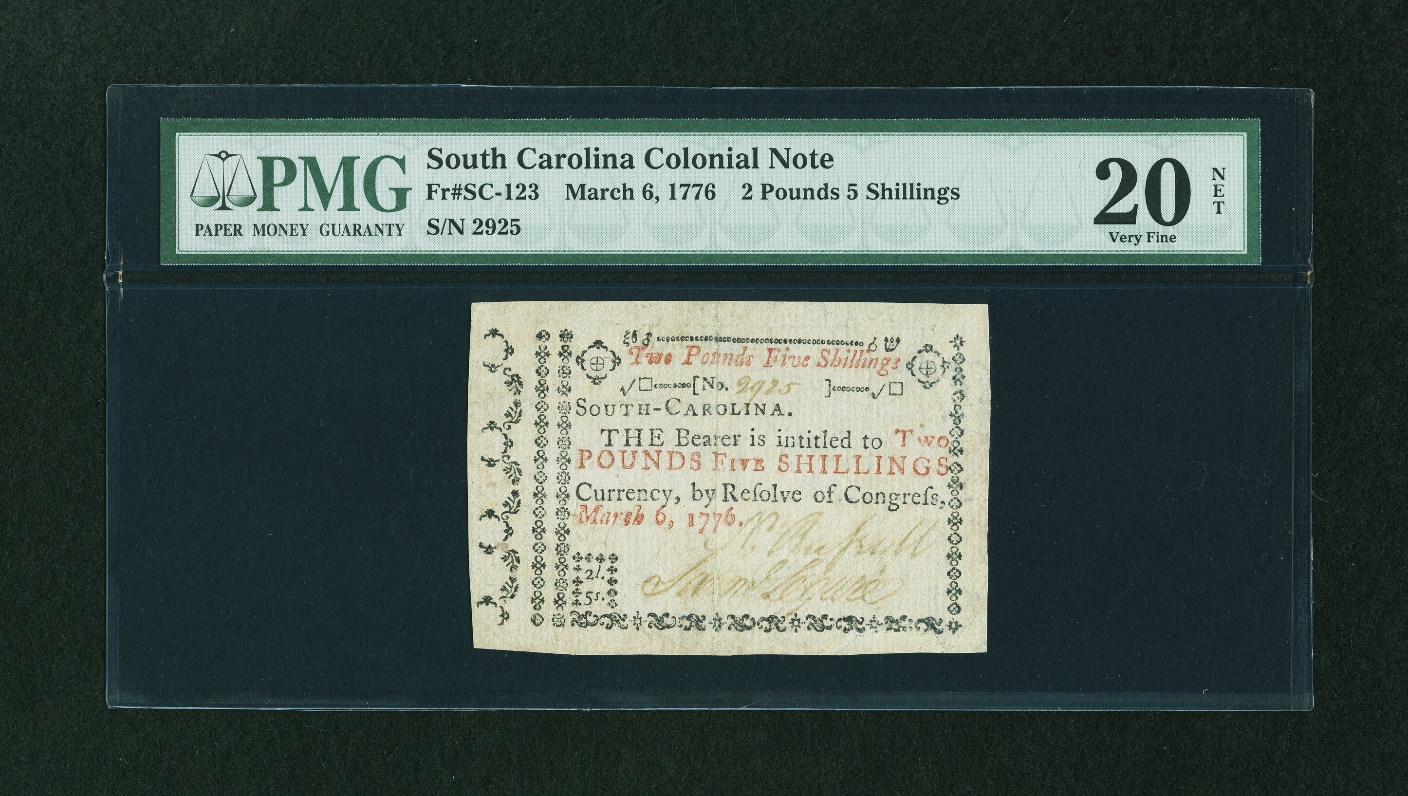 image for: South Carolina March 6, 1776 £2/5s PMG Very Fine 20 NET....