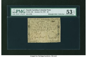 image for: South Carolina October 19, 1776 $6 PMG About Uncirculated 53 EPQ....