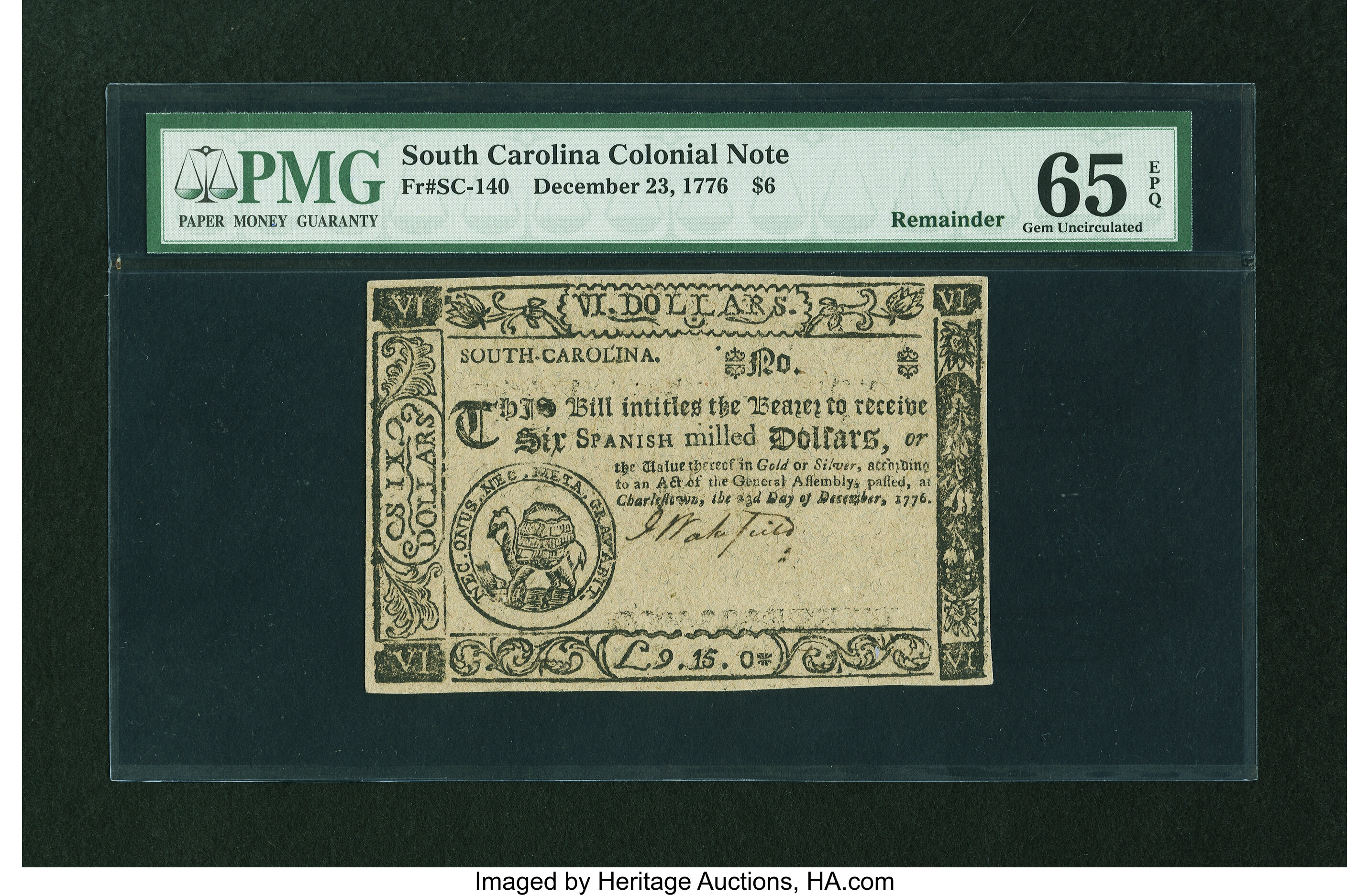 image for: South Carolina December 23, 1776 $6 PMG Gem Uncirculated 65 EPQ....