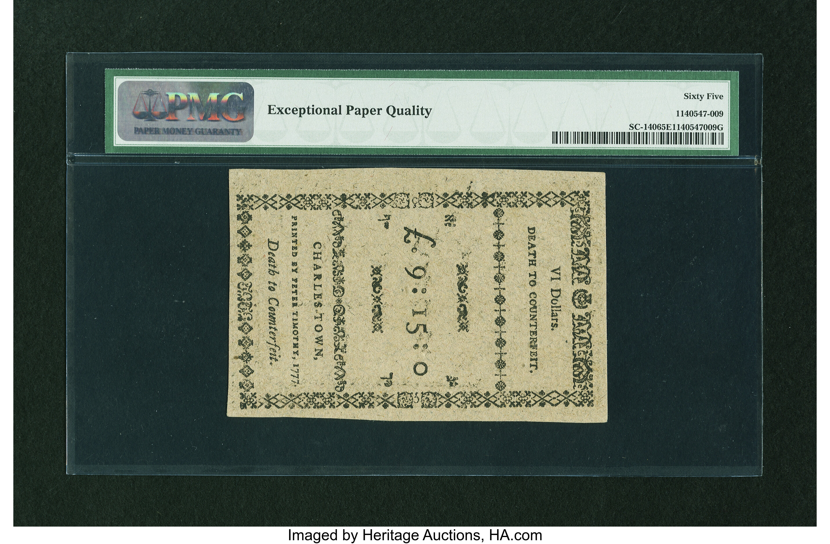 image for: South Carolina December 23, 1776 $6 PMG Gem Uncirculated 65 EPQ....