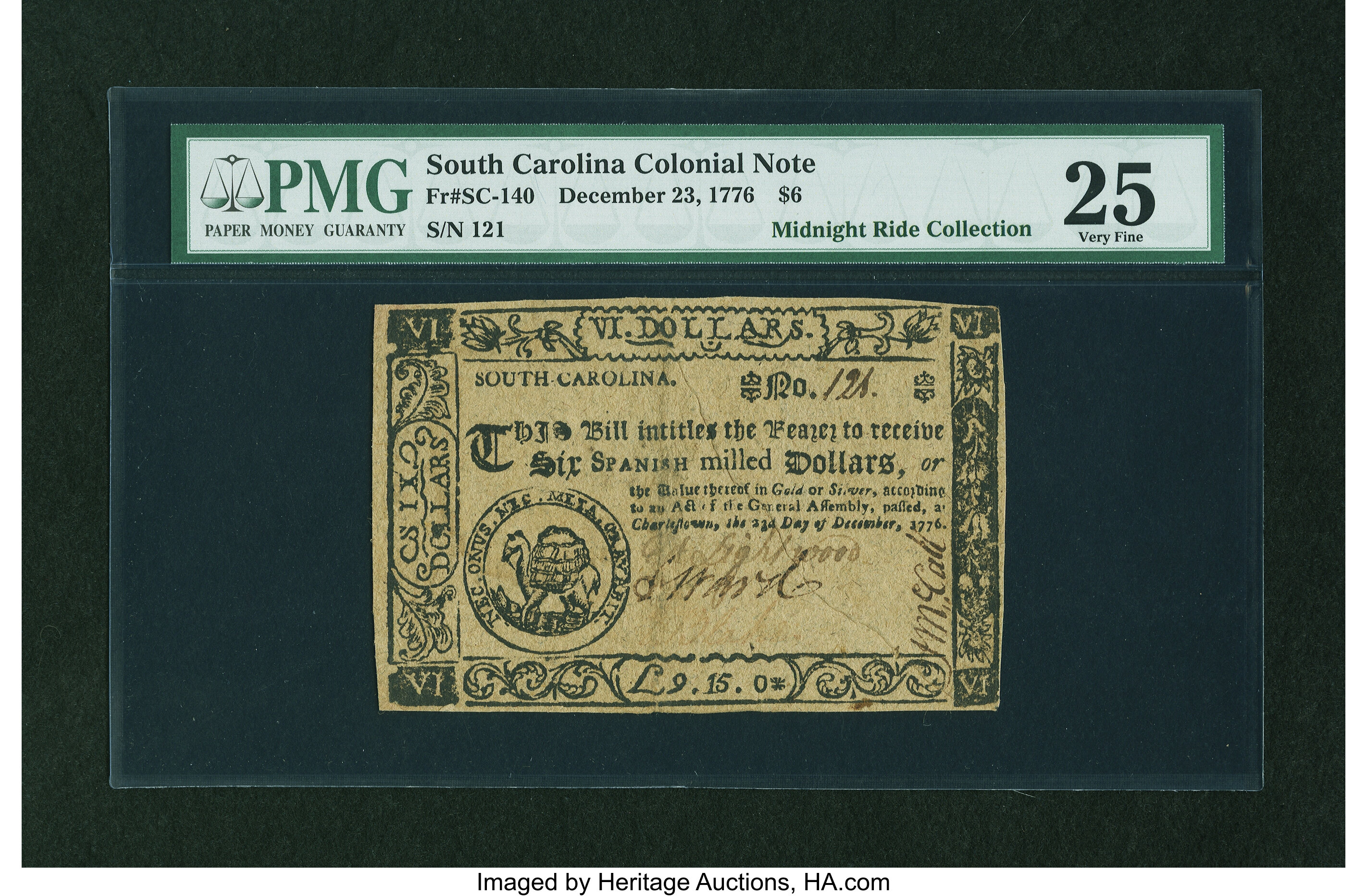 image for: South Carolina December 23, 1776 $6 PMG Very Fine 25....