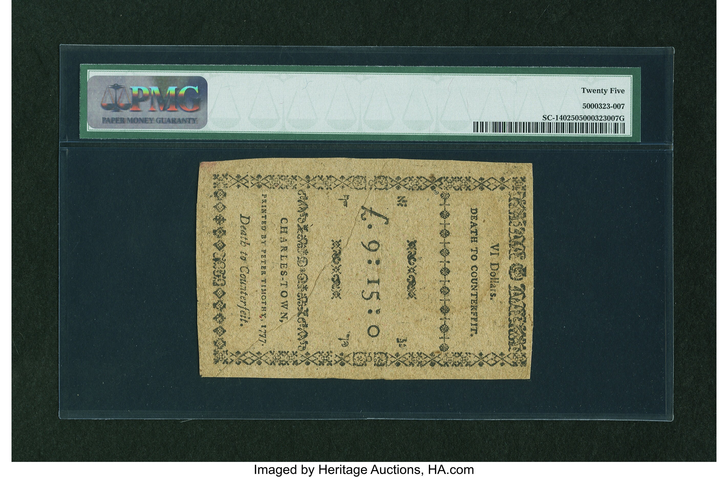 image for: South Carolina December 23, 1776 $6 PMG Very Fine 25....