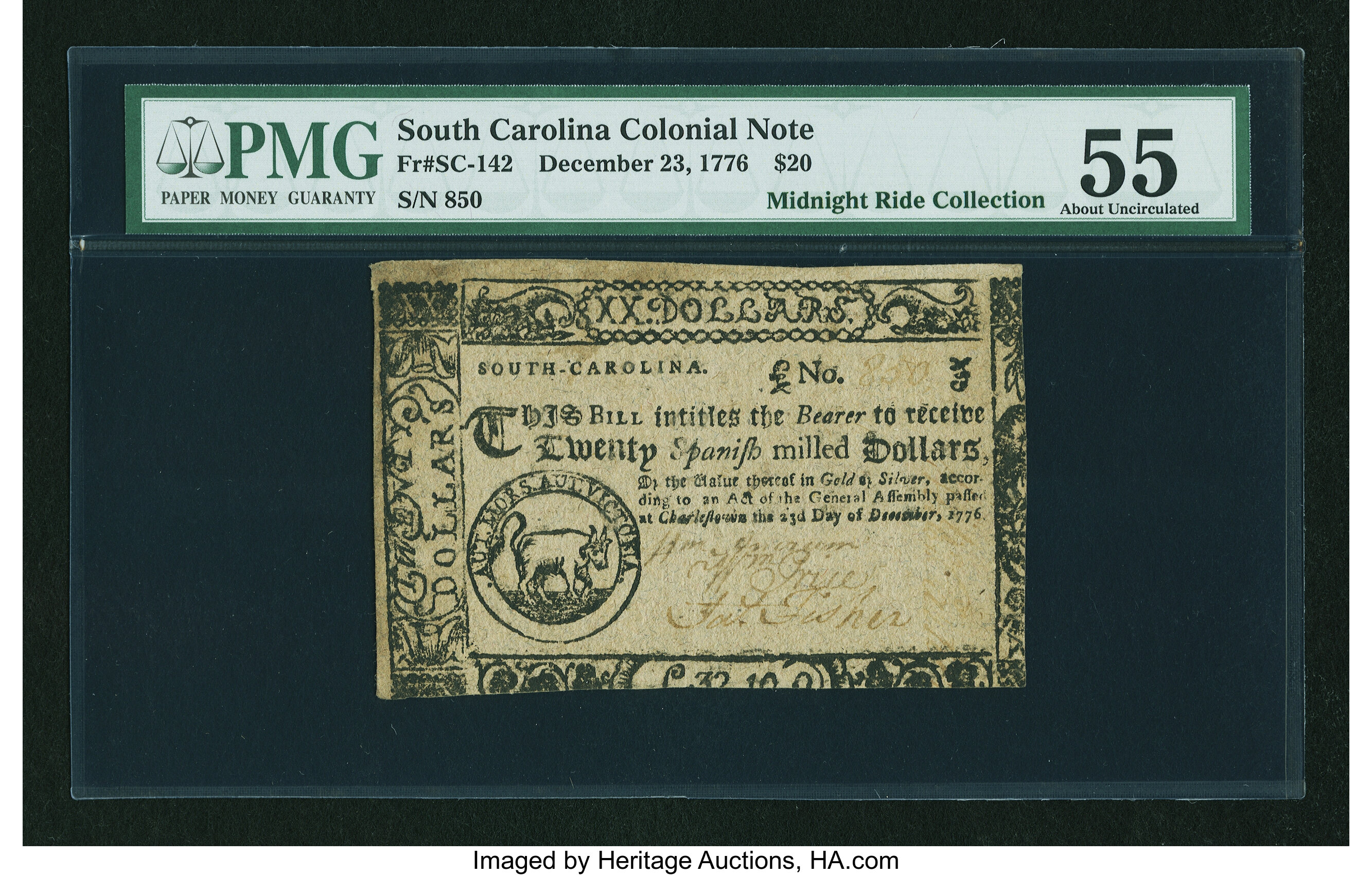 image for: South Carolina December 23, 1776 $20 PMG About Uncirculated 55....
