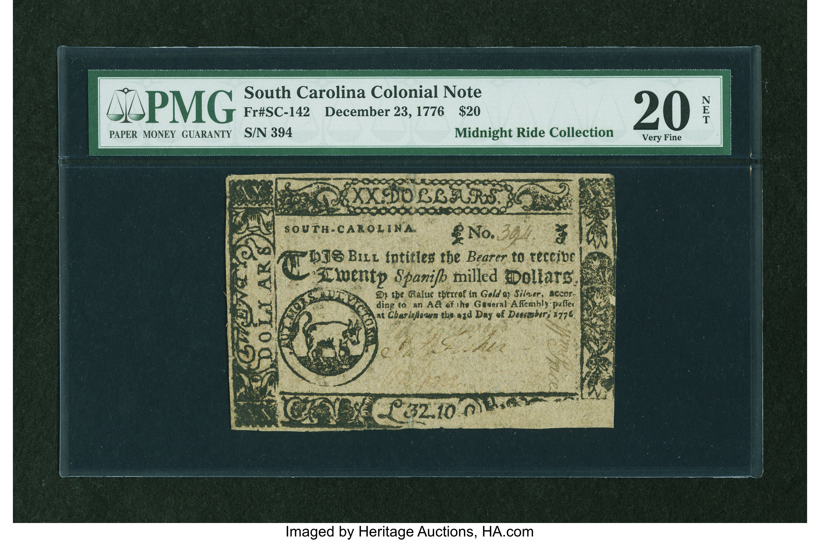 image for: South Carolina December 23, 1776 $20 PMG Very Fine 20 NET....