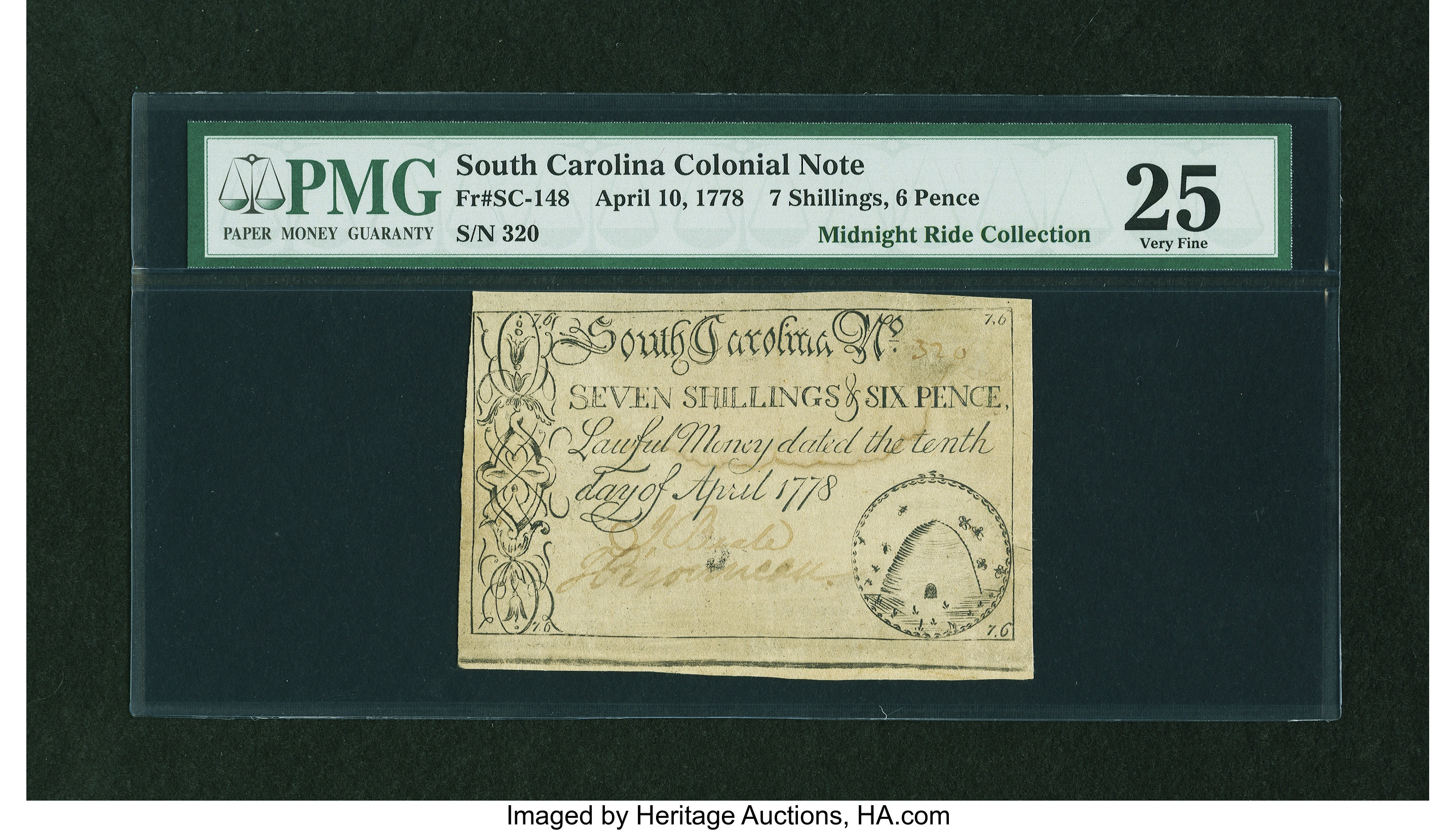 image for: South Carolina April 10, 1778 7s6d PMG Very Fine 25....
