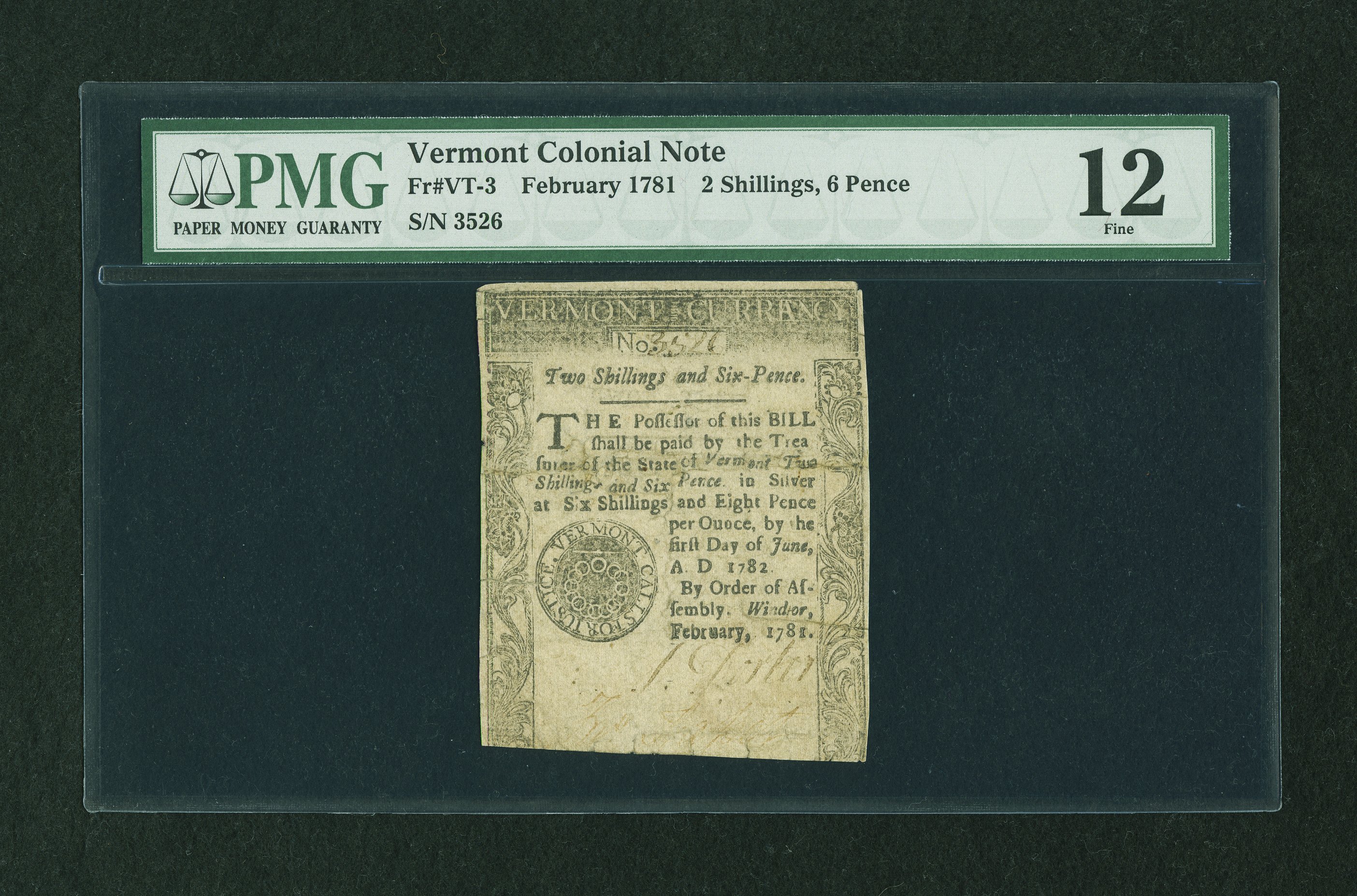 image for: Vermont February 1781 2s6d PMG Fine 12....