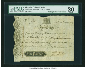 image for: Virginia March 4, 1773 £5 PMG Very Fine 20....