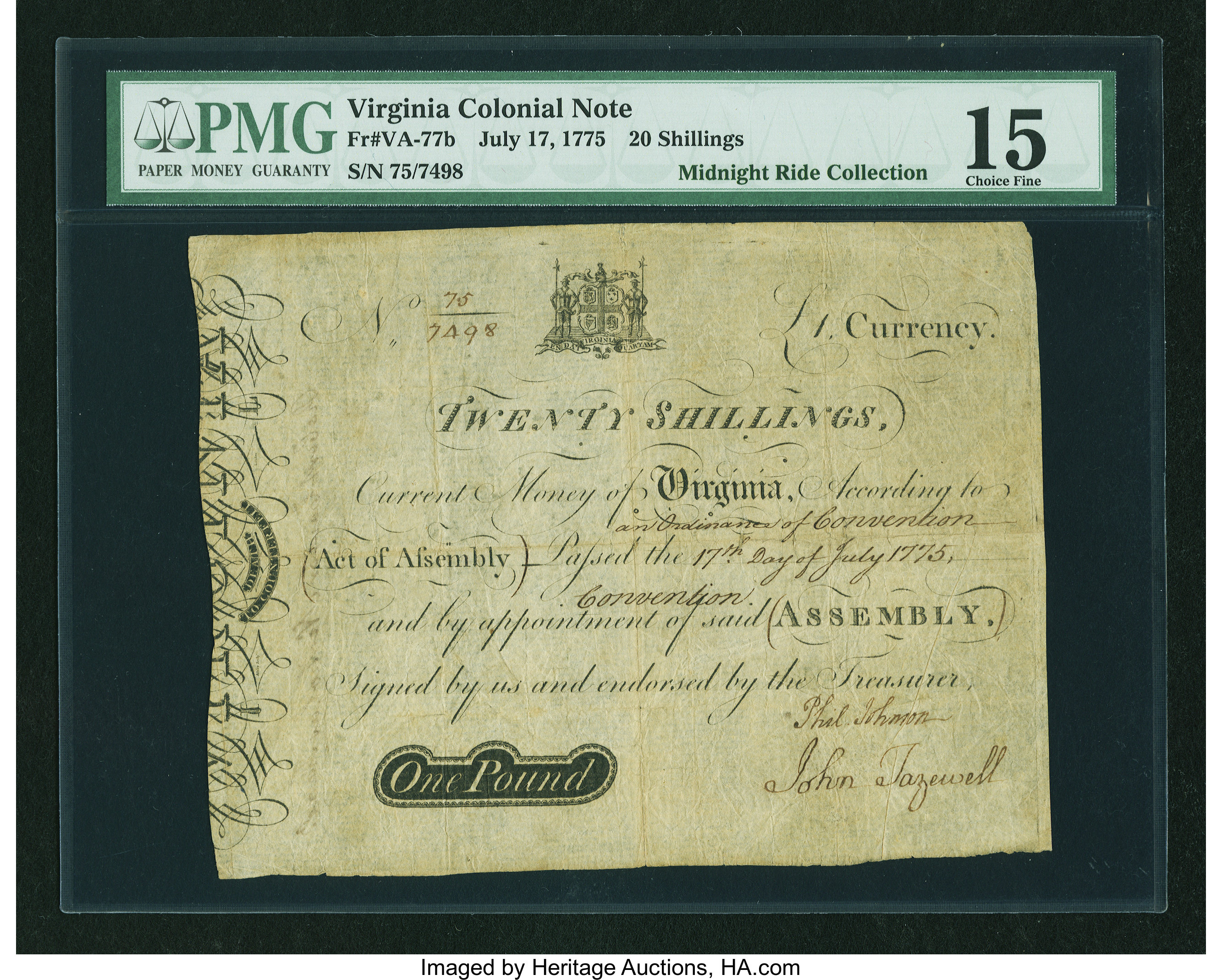 image for: Virginia July 17, 1775 20s PMG Choice Fine 15....