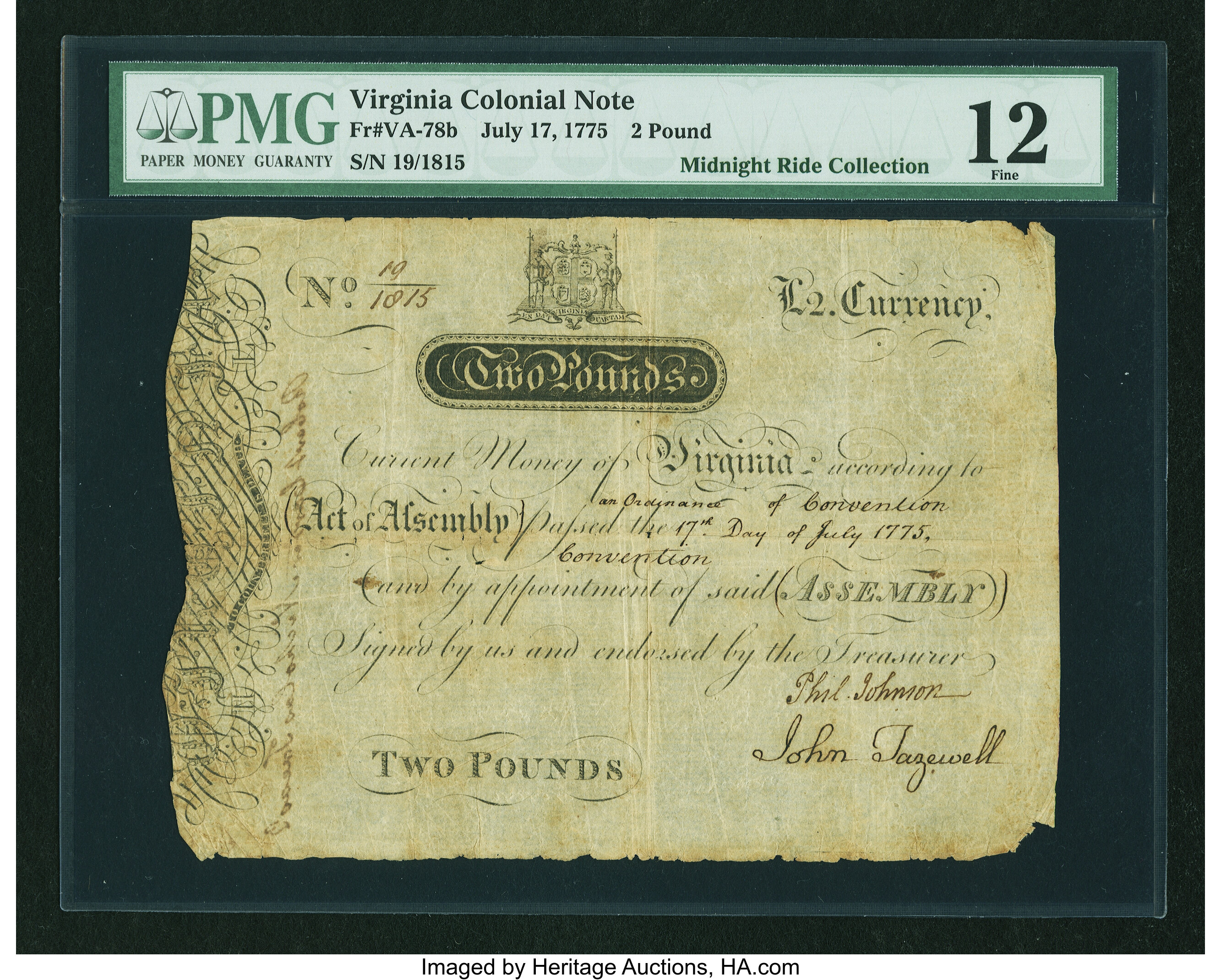 image for: Virginia July 17, 1775 £2 PMG Fine 12....