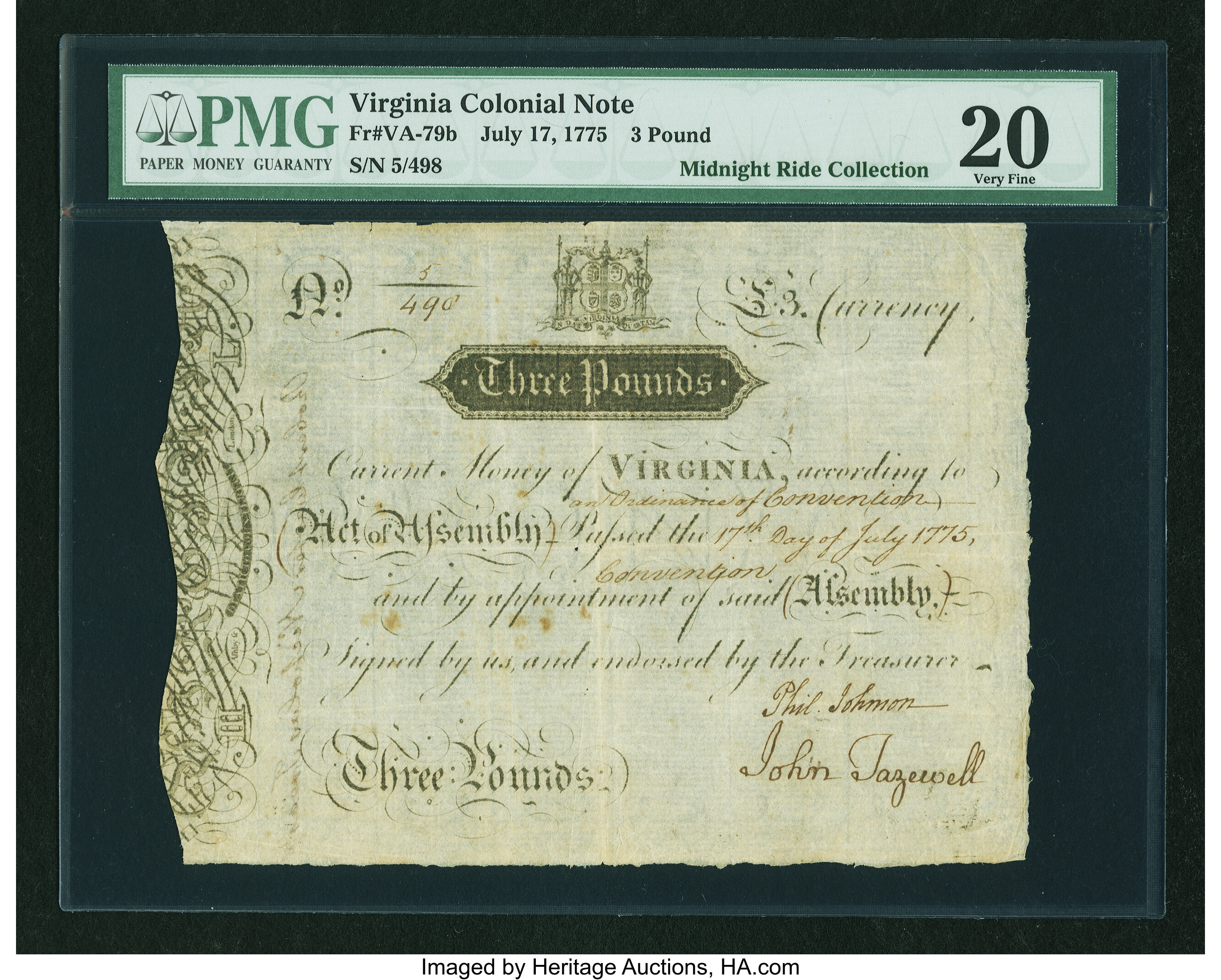 image for: Virginia July 17, 1775 £3 PMG Very Fine 20....